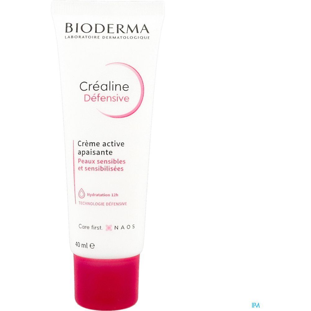 Tube Créaline Défensive Crème Active Apaisante. Tube blanc avec bouchon rouge. Texte: Bioderma, Créaline Défensive, 40 ml.