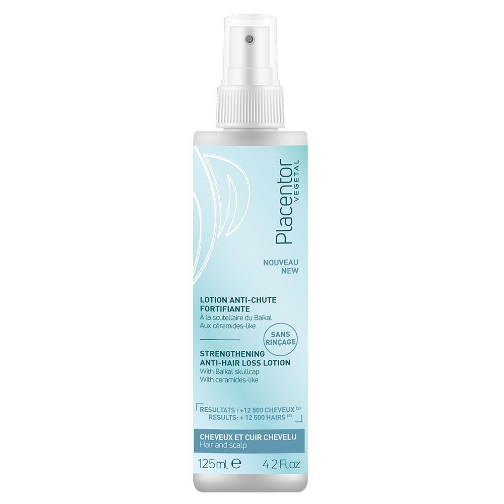Flacon bleu clair avec vaporisateur. Texte: Placentor, Lotion Anti-Chute Fortifiante, Strengthening Anti-Hair Loss Lotion. 125ml.