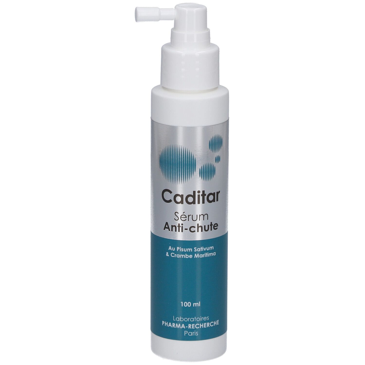Flacon cylindrique avec applicateur spray. Inscription: Caditar Sérum Anti-chute. Couleurs bleu et argent. Ingrédients visibles.