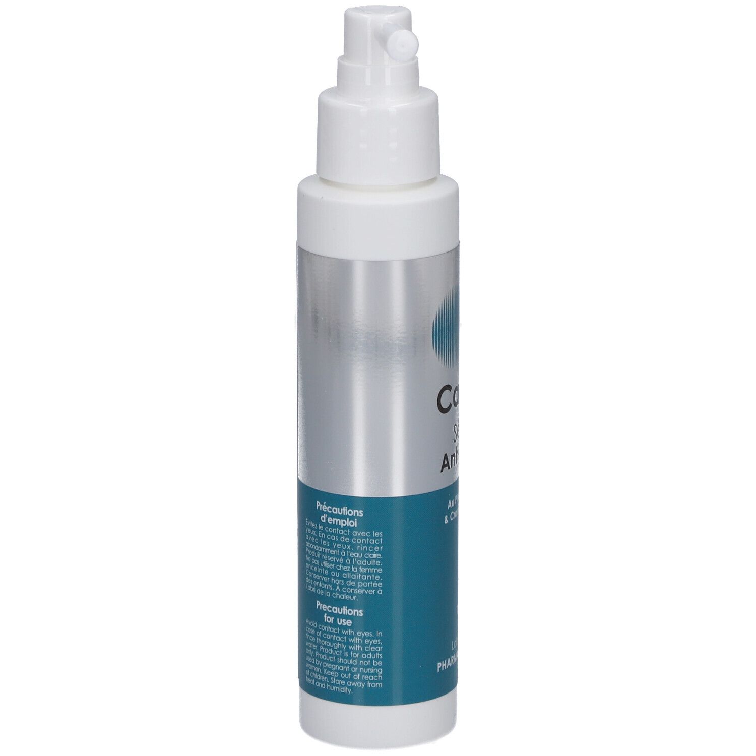 Flacon avec applicateur spray. Inscription: Caditar Sérum Anti-chute. Texte au dos. Couleurs bleu et argent. Informations produit.