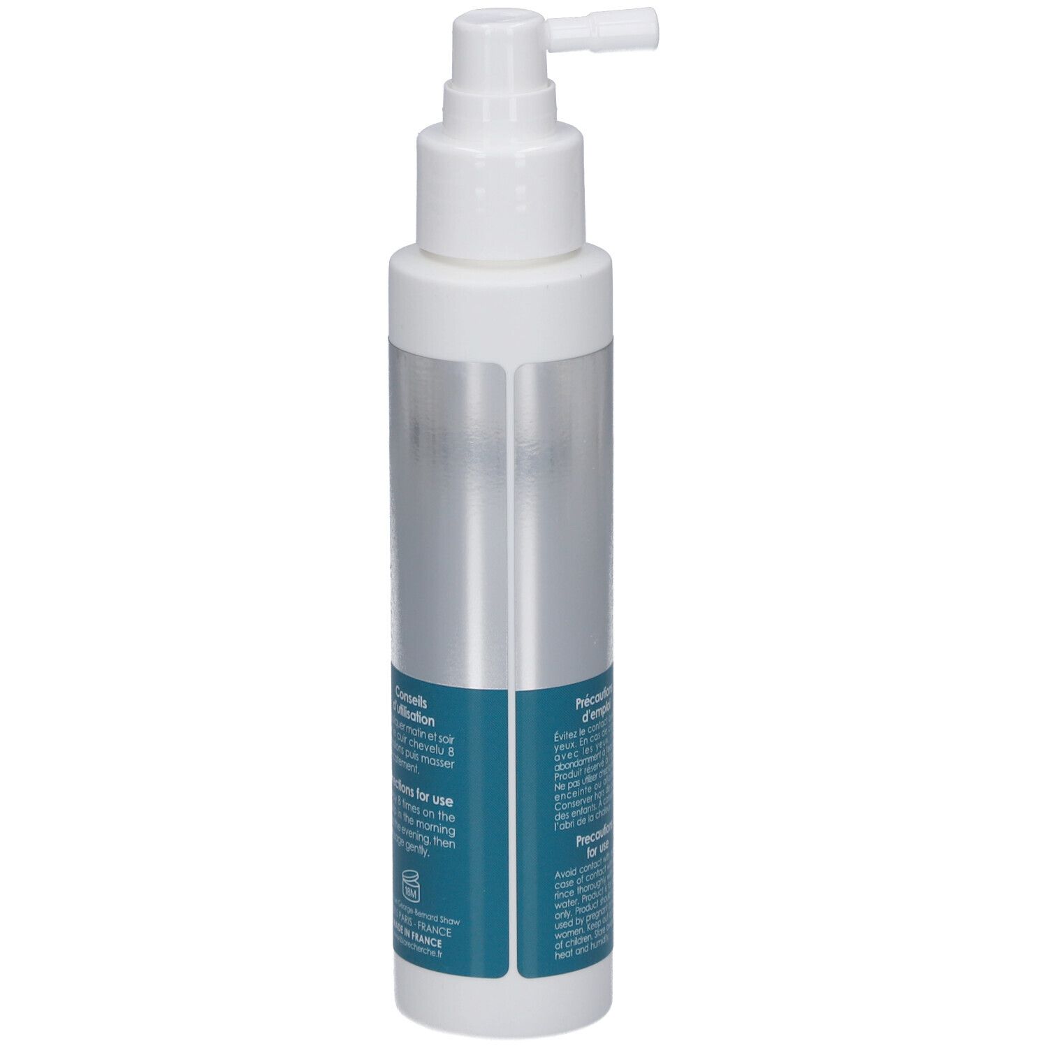 Flacon avec applicateur spray. Texte au dos. Couleurs bleu et argent. Informations produit. Fabriqué en France.