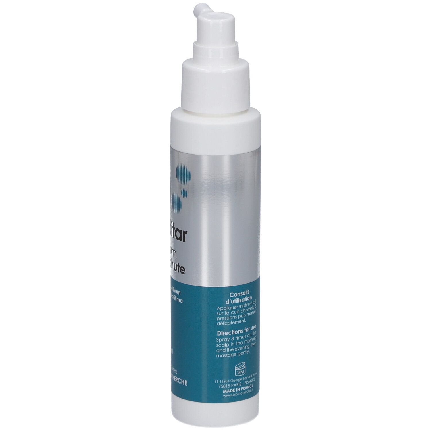 Flacon avec applicateur spray. Inscription: Caditar Sérum Anti-chute. Couleurs bleu et argent. Mode d'emploi.