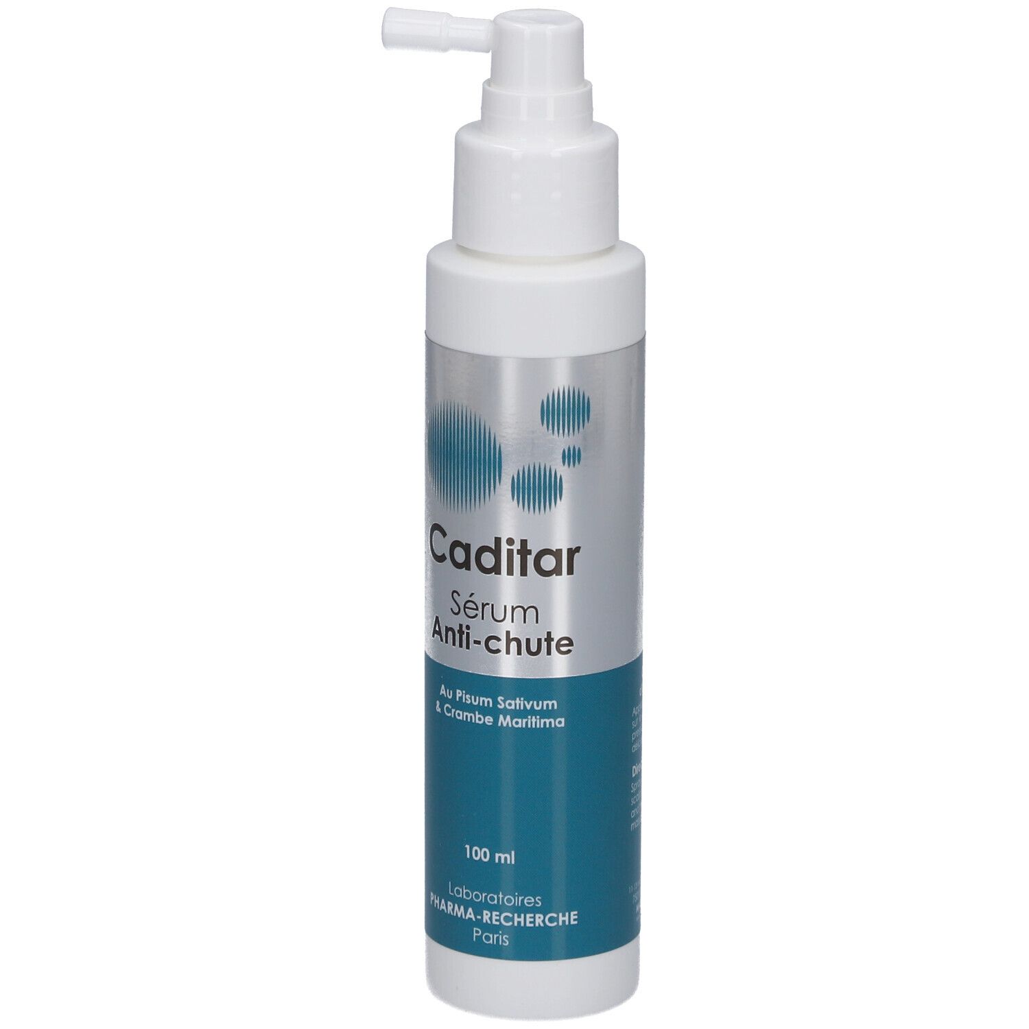 Flacon cylindrique avec applicateur spray. Inscription: Caditar Sérum Anti-chute. Couleurs bleu et argent. Ingrédients visibles.