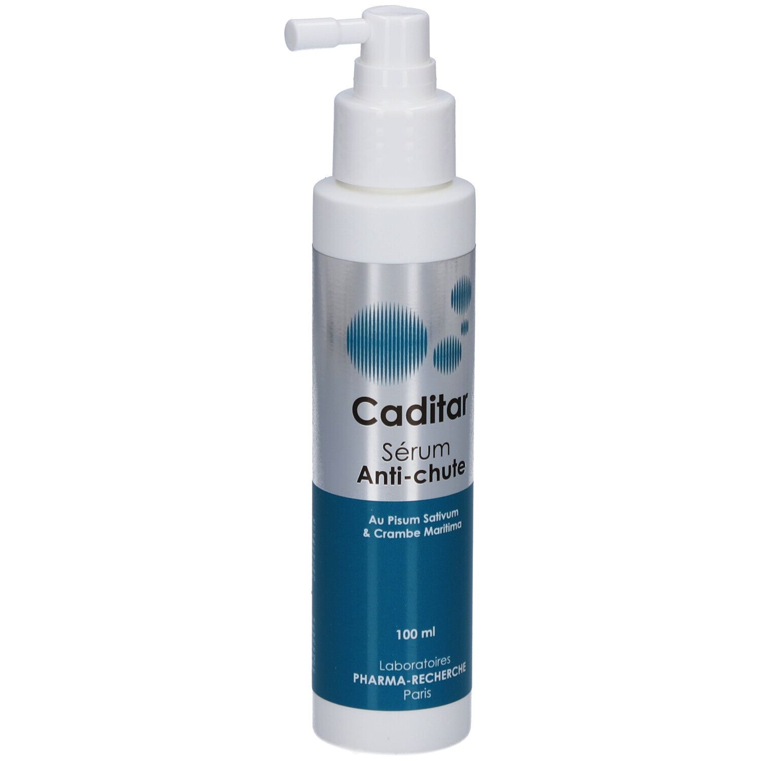 Flacon cylindrique avec applicateur spray. Inscription: Caditar Sérum Anti-chute. Couleurs bleu et argent. Ingrédients visibles.