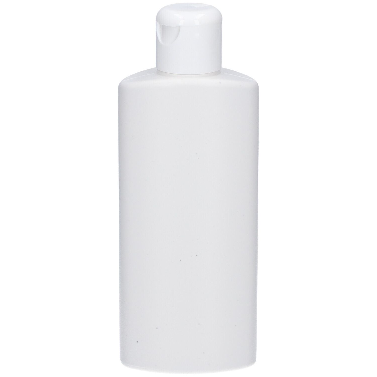 Flacon cylindrique blanc avec bouchon rabattable. Aucune inscription visible.