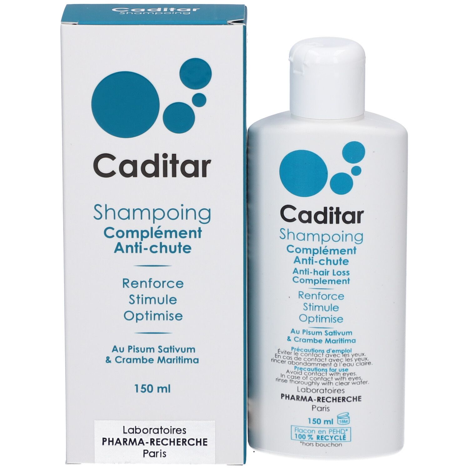 Emballage produit avec flacon. Texte: Caditar, Shampooing Anti-chute. Contient Pisum Sativum et Crambe Maritima. 150 ml.