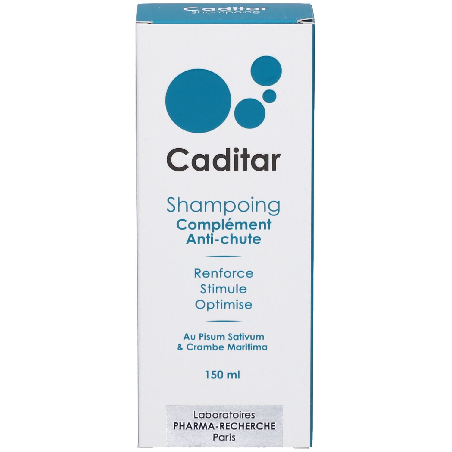 Emballage produit. Texte: Caditar, Shampooing Anti-chute. Contient Pisum Sativum et Crambe Maritima. 150 ml.