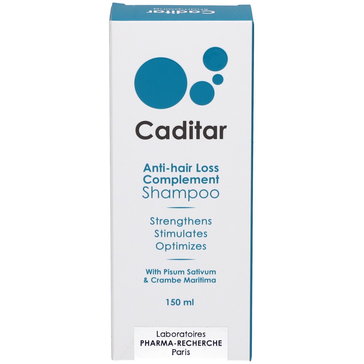 Emballage produit, face avant. Texte: Caditar, Shampooing Anti-chute. Contient Pisum Sativum et Crambe Maritima. 150 ml.