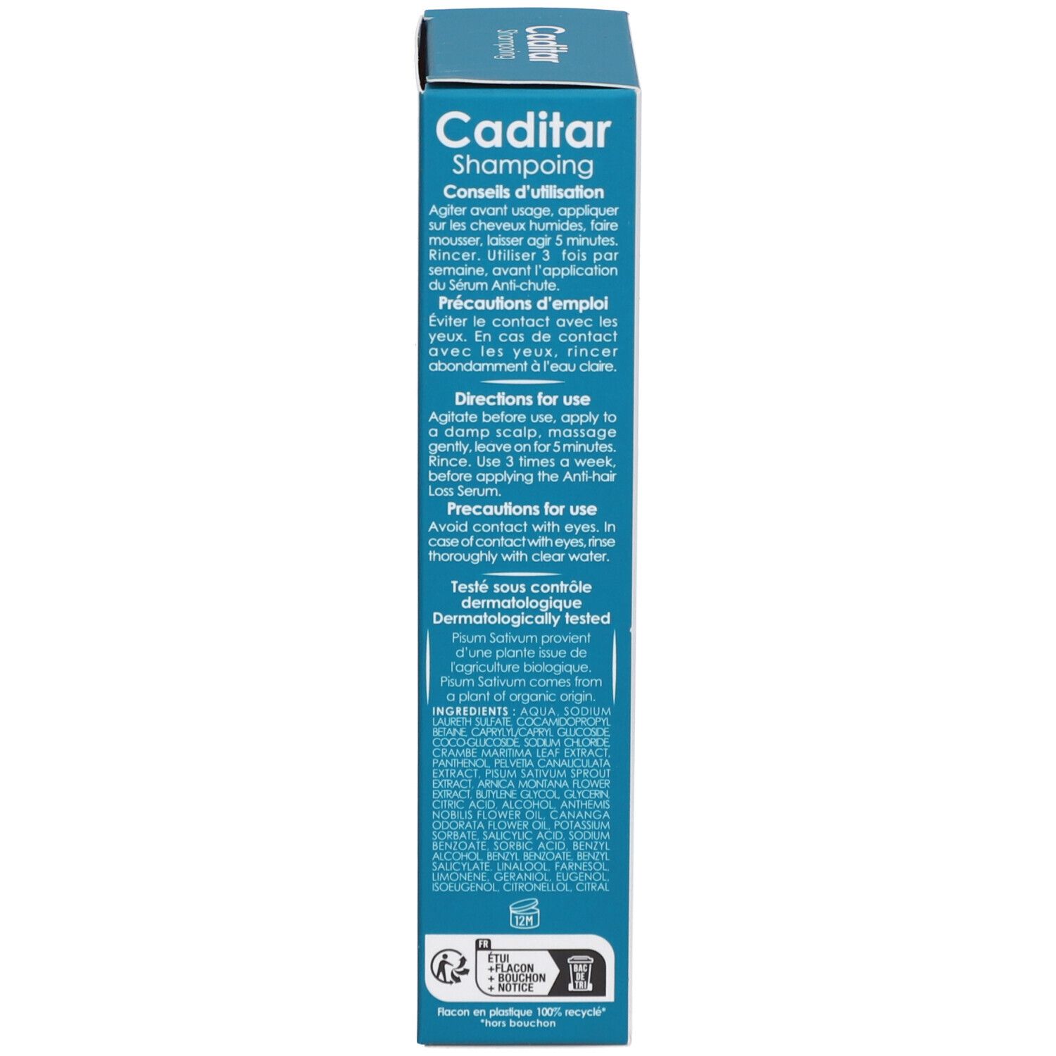 Emballage produit, vue latérale. Texte: Caditar Shampooing. Conseils d'utilisation et précautions. Testé dermatologiquement.