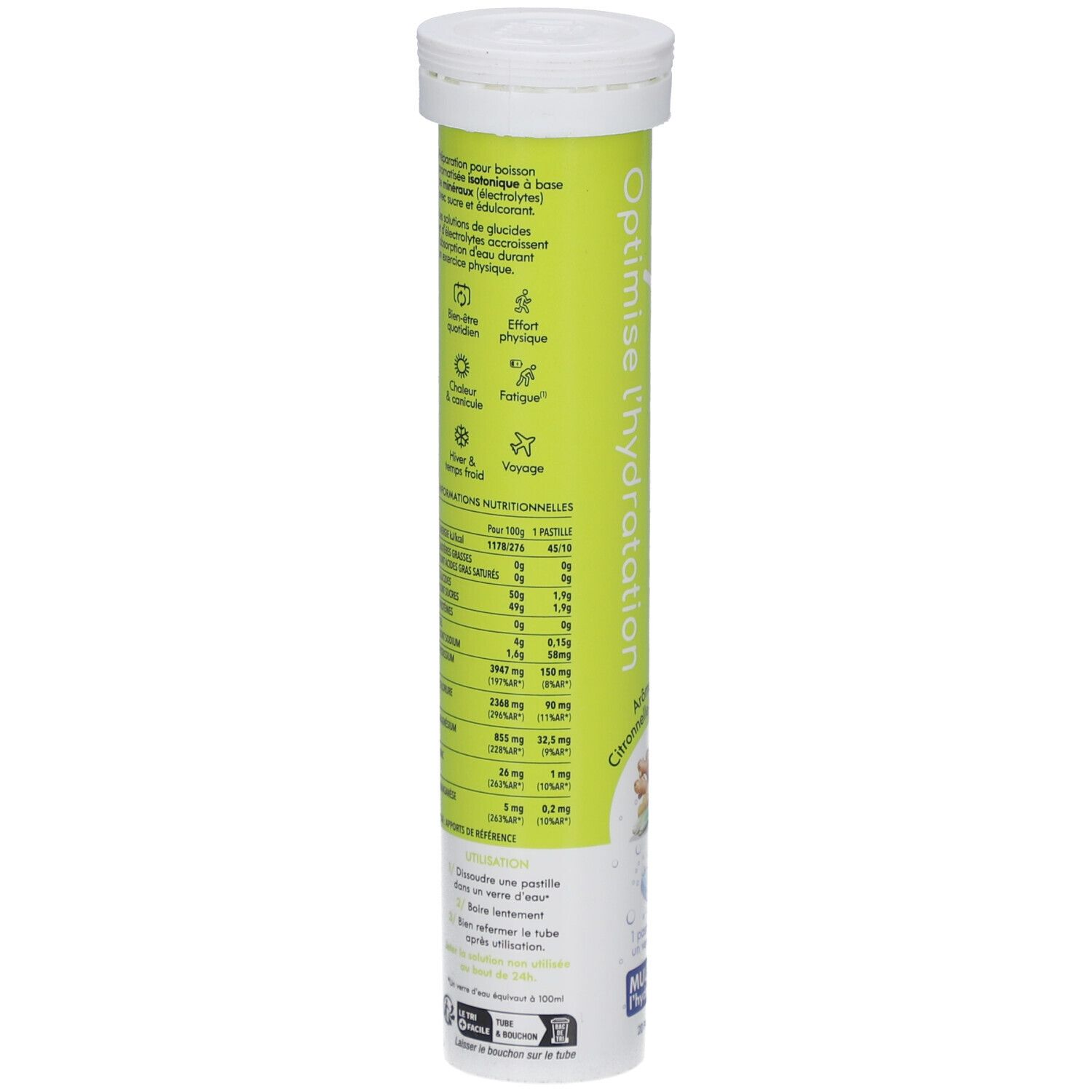 Dos du tube de pastilles. Texte avec informations nutritionnelles et instructions. Icônes sport, récupération, bien-être et voyage.