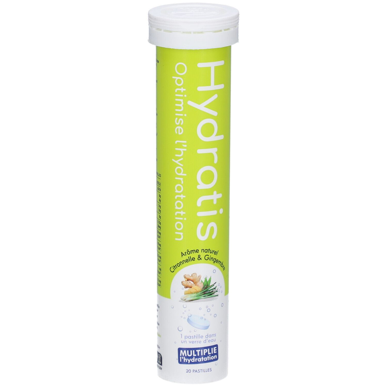 Tube cylindrique de pastilles. Inscription: Hydratis, Optimise l'hydratation. Arômes: Citronnelle & Gingembre. 20 pastilles.