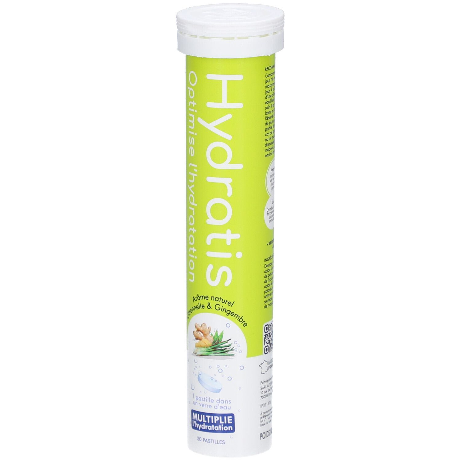 Tube cylindrique de pastilles. Inscription: Hydratis, Optimise l'hydratation. Arômes: Citronnelle & Gingembre. 20 pastilles.