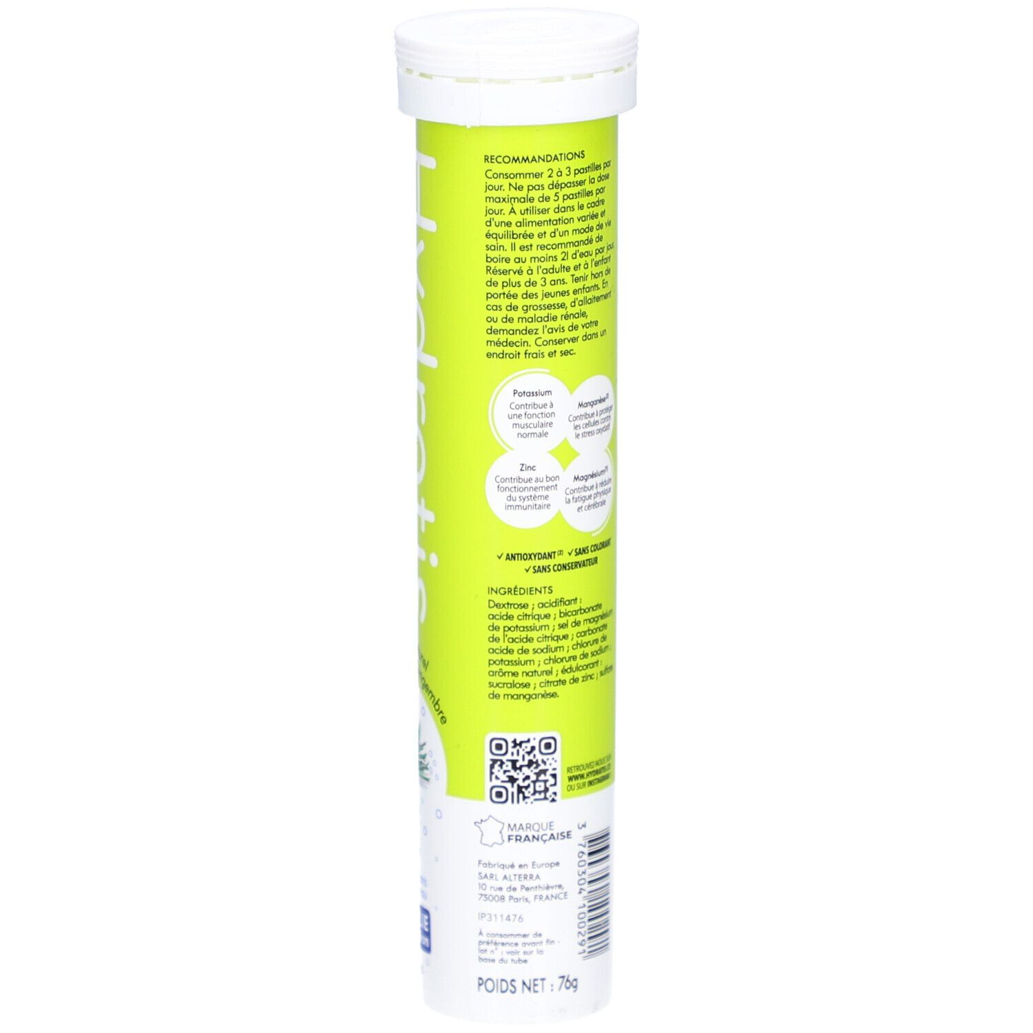 Dos du tube de pastilles. Texte avec recommandations, ingrédients et informations fabricant. Code QR.