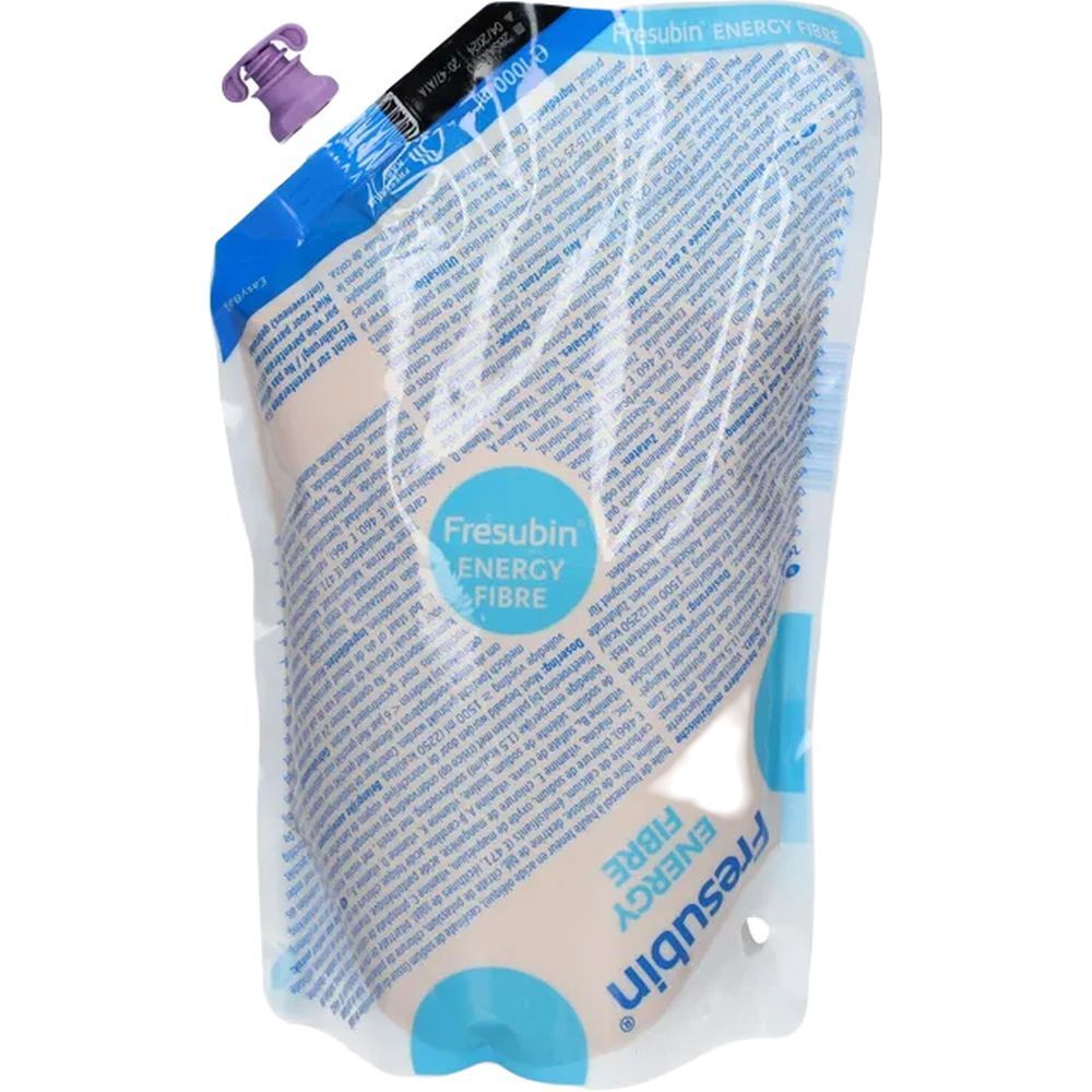 Sachet de Fresubin Energy Fibre. Impression avec nom et texte du produit. Bouchon violet en haut.