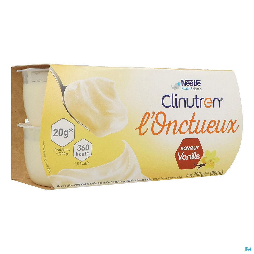 Clinutren L'Onctueux vanille, 4 pots en carton. Inscriptions: 20g, 360 kcal, Saveur Vanille. Nestle Health Science.