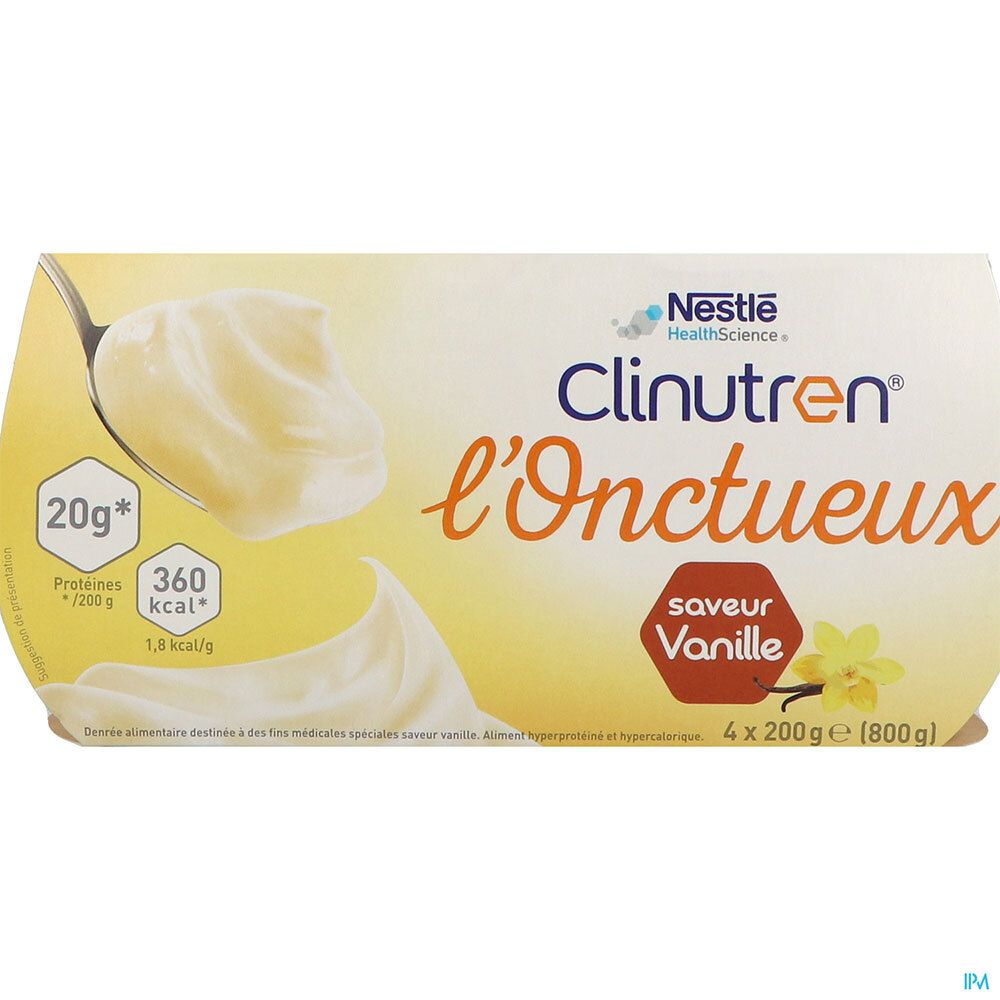 Clinutren L'Onctueux vanille, emballage. Inscriptions: 20g, 360 kcal, Saveur Vanille. Nestle Health Science. 4x200g.