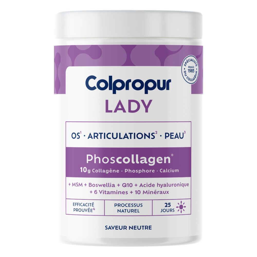 Boîte Colpropur Lady Phoscollagen avec 10g de collagène, phosphore, calcium. Pour os, articulations, peau.