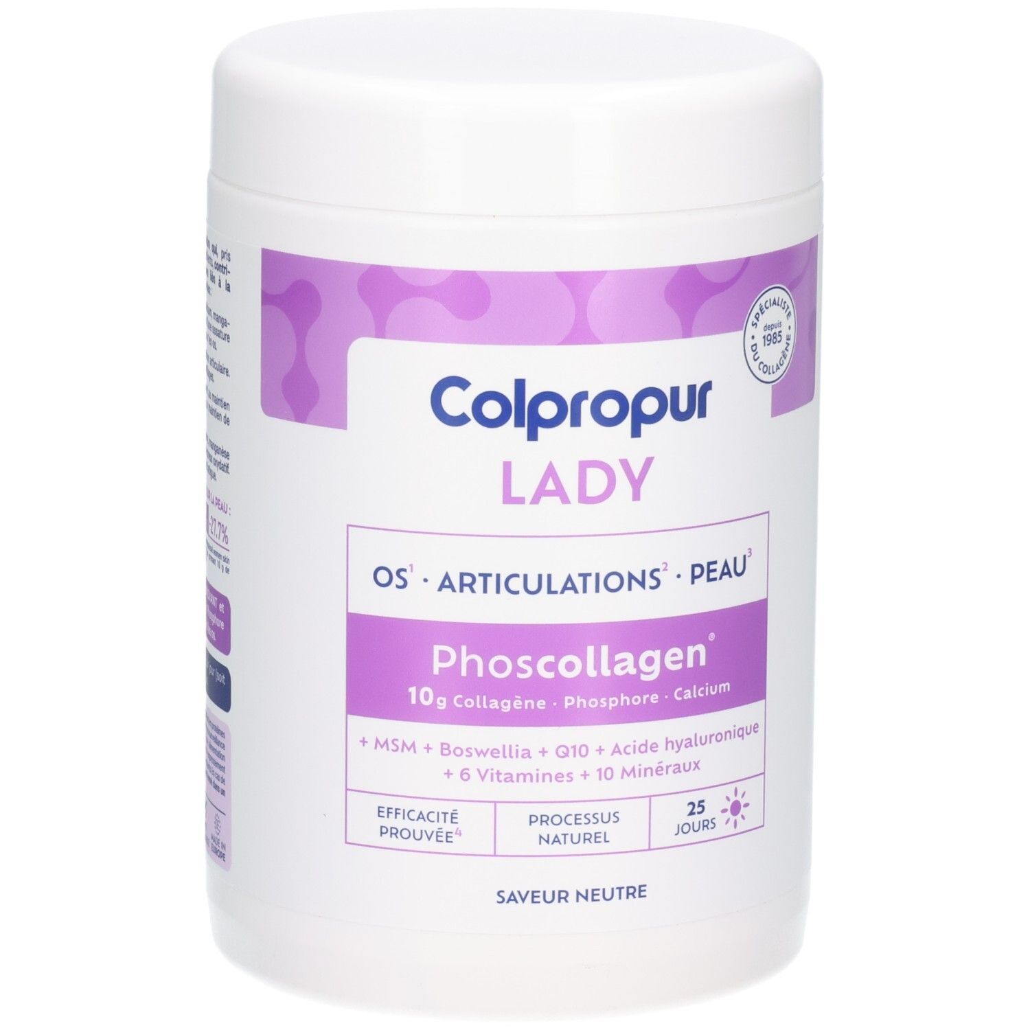 Boîte Colpropur Lady Phoscollagen avec 10g de collagène, phosphore, calcium. Pour os, articulations, peau.