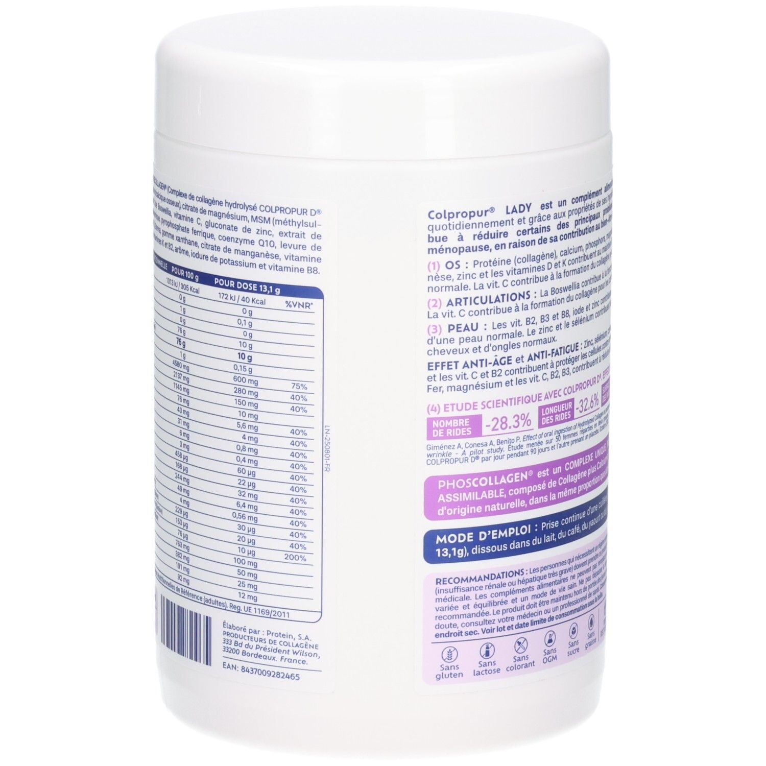 Arrière de la boîte Colpropur Lady Phoscollagen avec informations nutritionnelles et ingrédients.