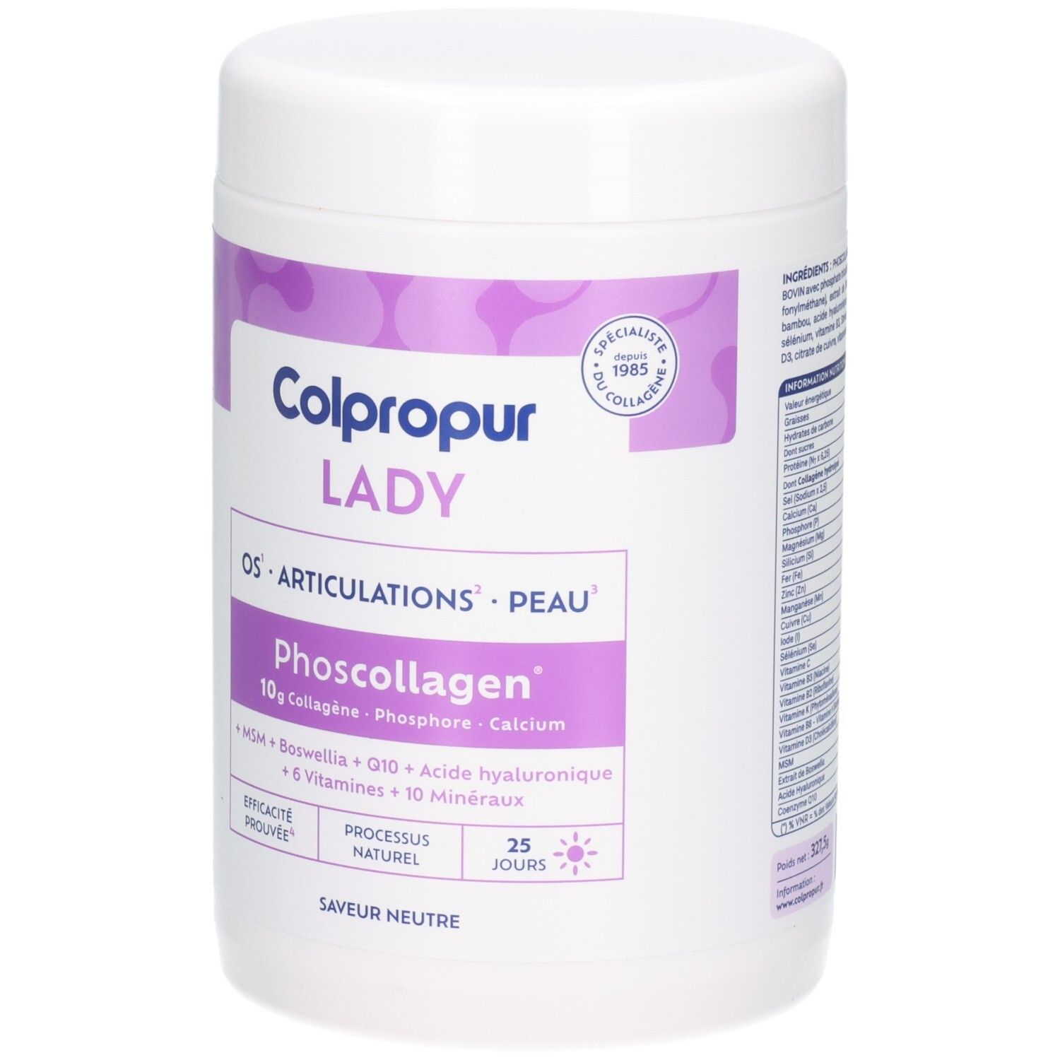 Boîte Colpropur Lady Phoscollagen avec 10g de collagène, phosphore, calcium. Pour os, articulations, peau.