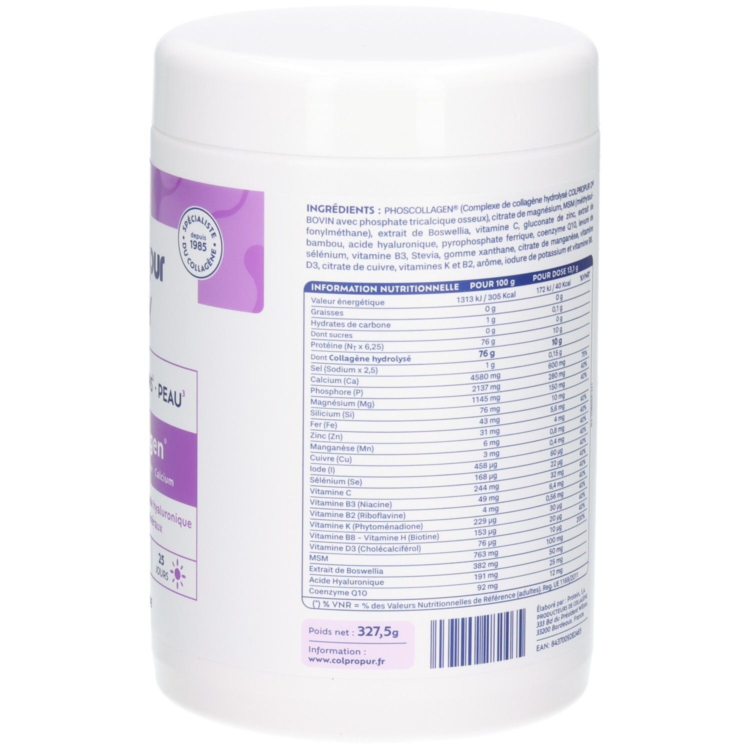 Arrière de la boîte Colpropur Lady Phoscollagen avec informations nutritionnelles et ingrédients.