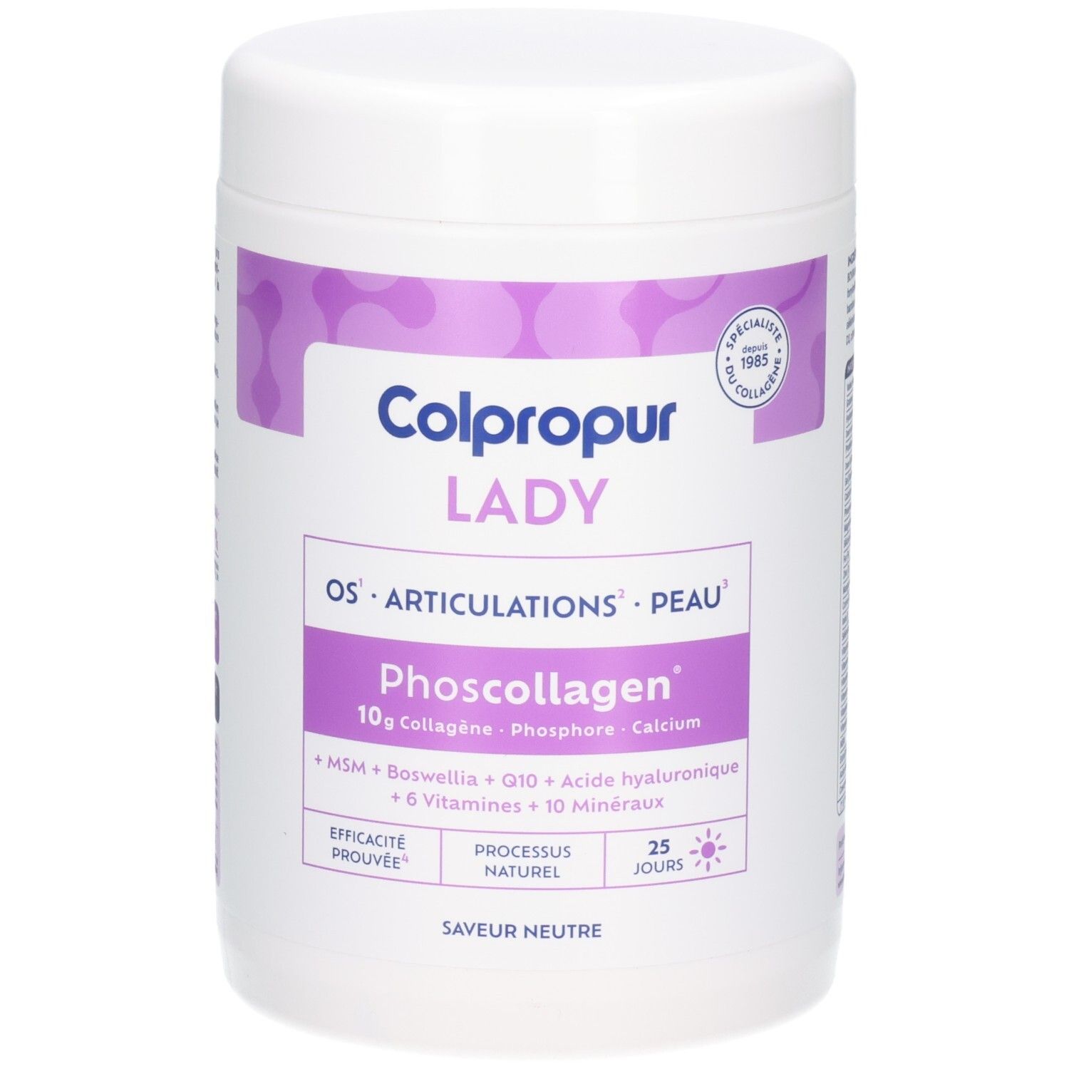 Boîte Colpropur Lady Phoscollagen avec 10g de collagène, phosphore, calcium. Pour os, articulations, peau.