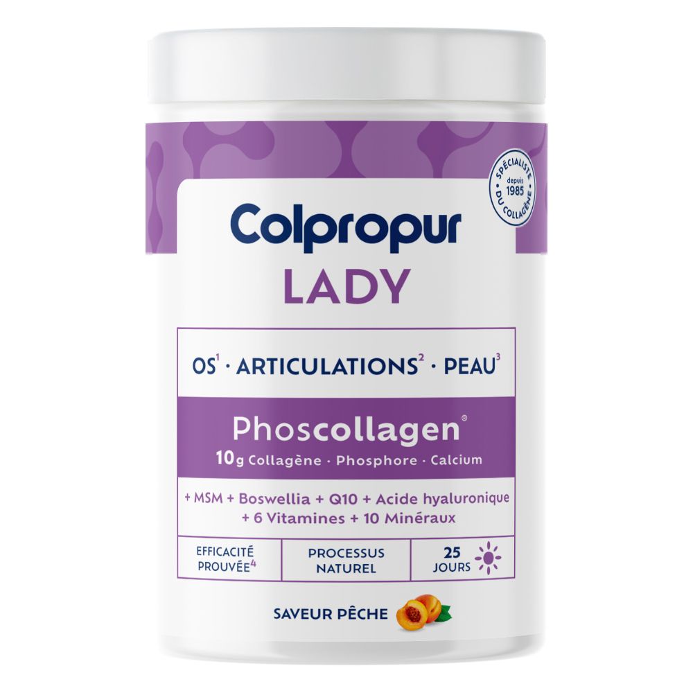 Boîte Colpropur Lady Phoscollagen saveur pêche. Contient collagène, phosphore et calcium.