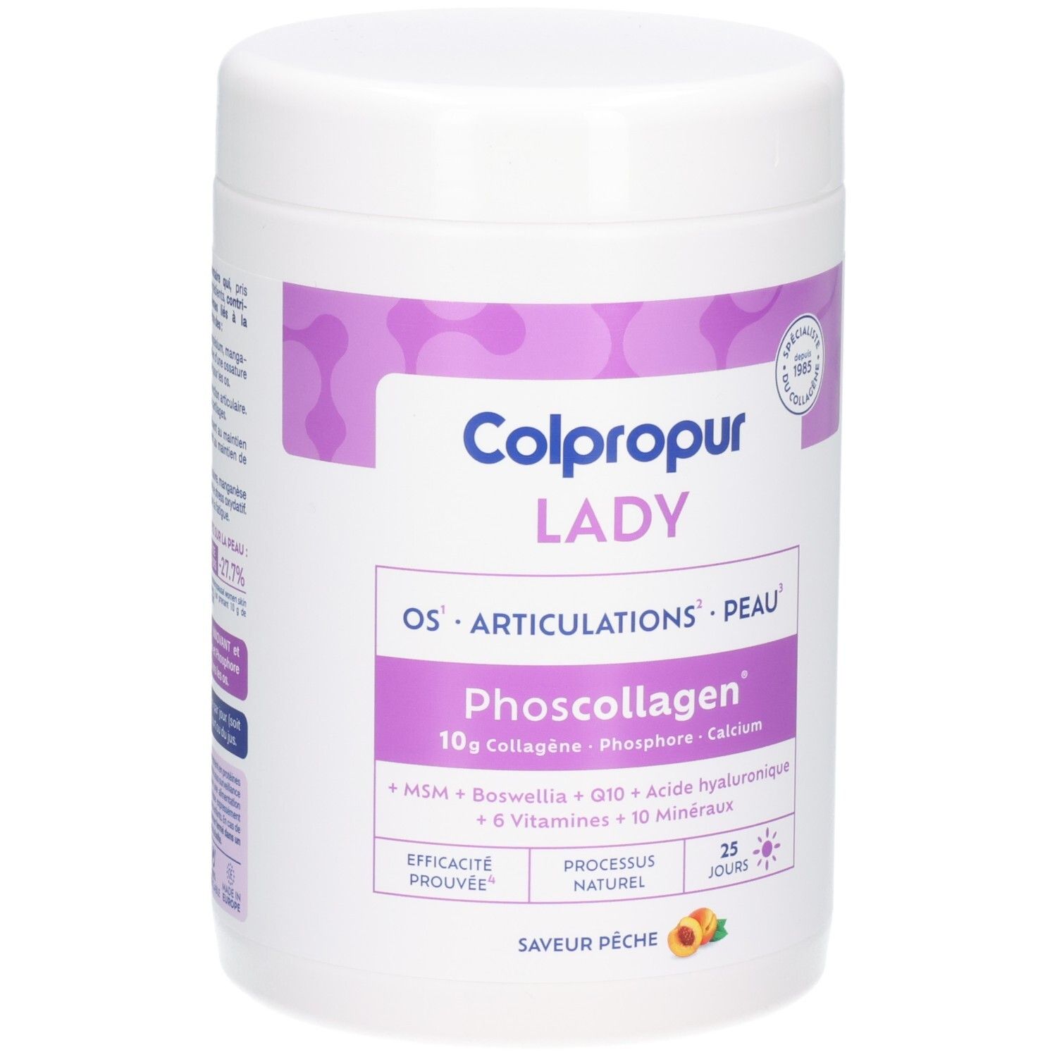 Boîte Colpropur Lady Phoscollagen saveur pêche. Contient collagène, phosphore et calcium.
