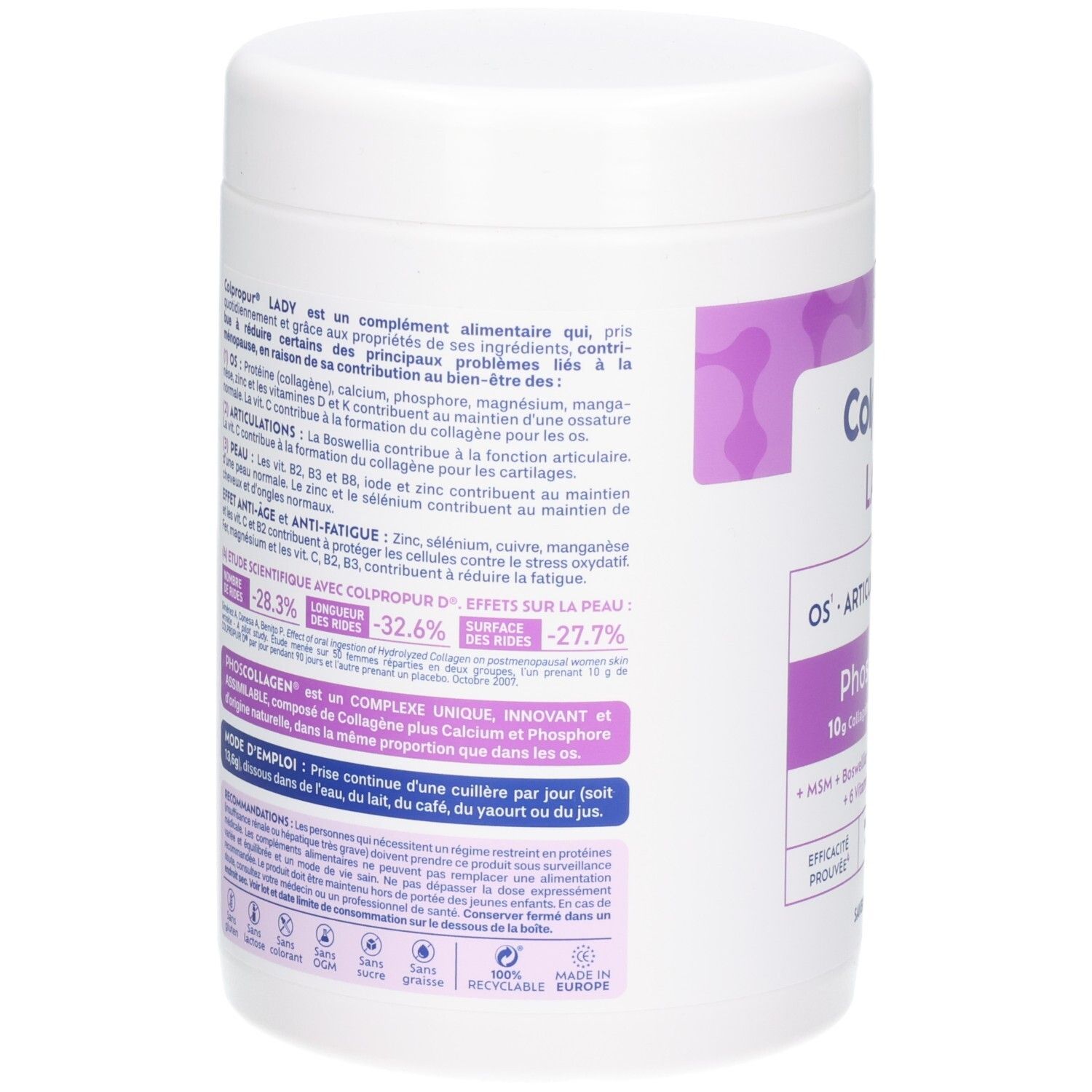 Arrière de la boîte Colpropur Lady Phoscollagen avec informations nutritionnelles et ingrédients.
