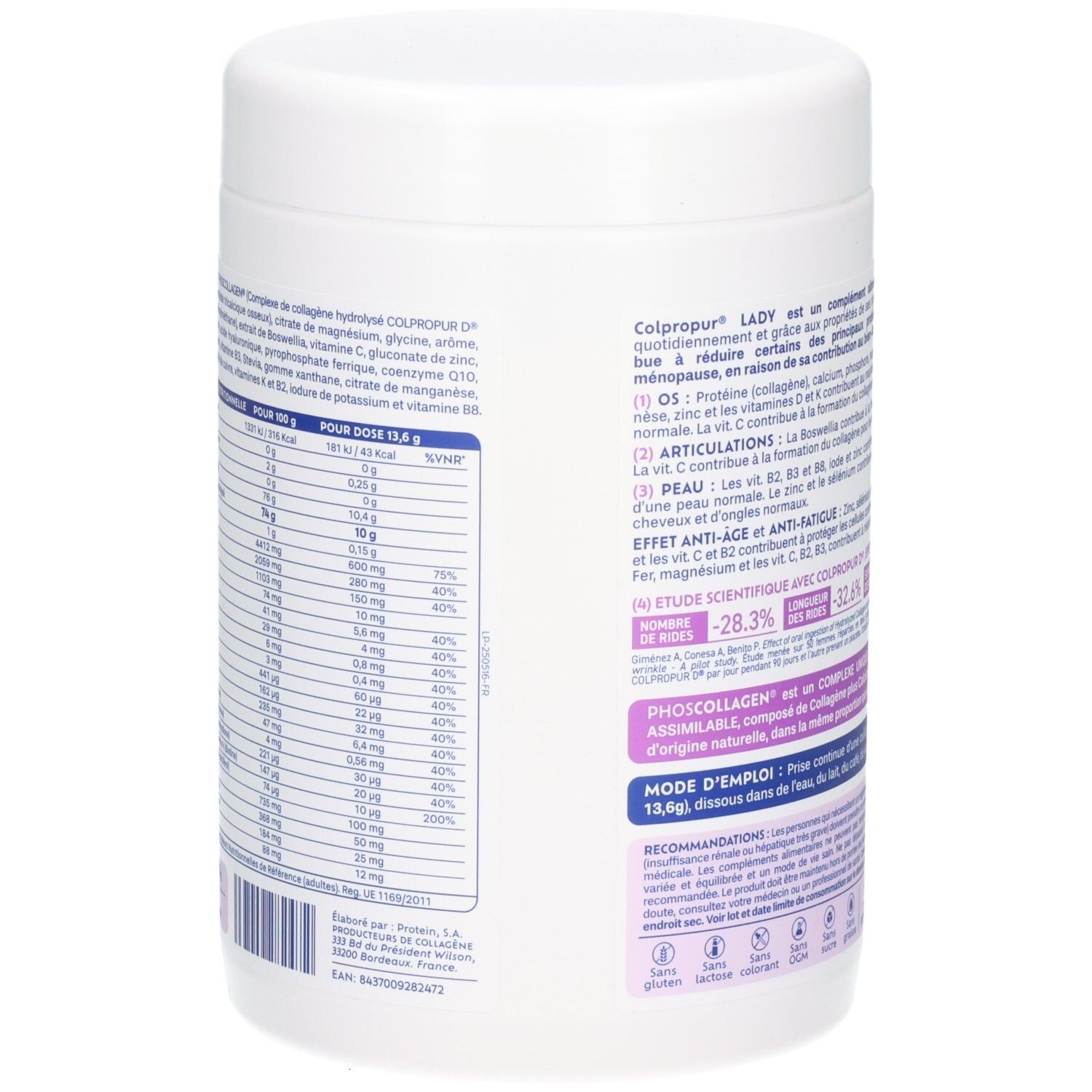 Vue latérale de la boîte Colpropur Lady Phoscollagen avec informations nutritionnelles détaillées.