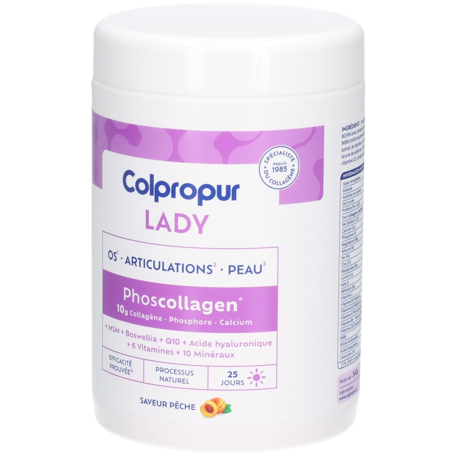 Boîte Colpropur Lady Phoscollagen saveur pêche. Contient collagène, phosphore et calcium.