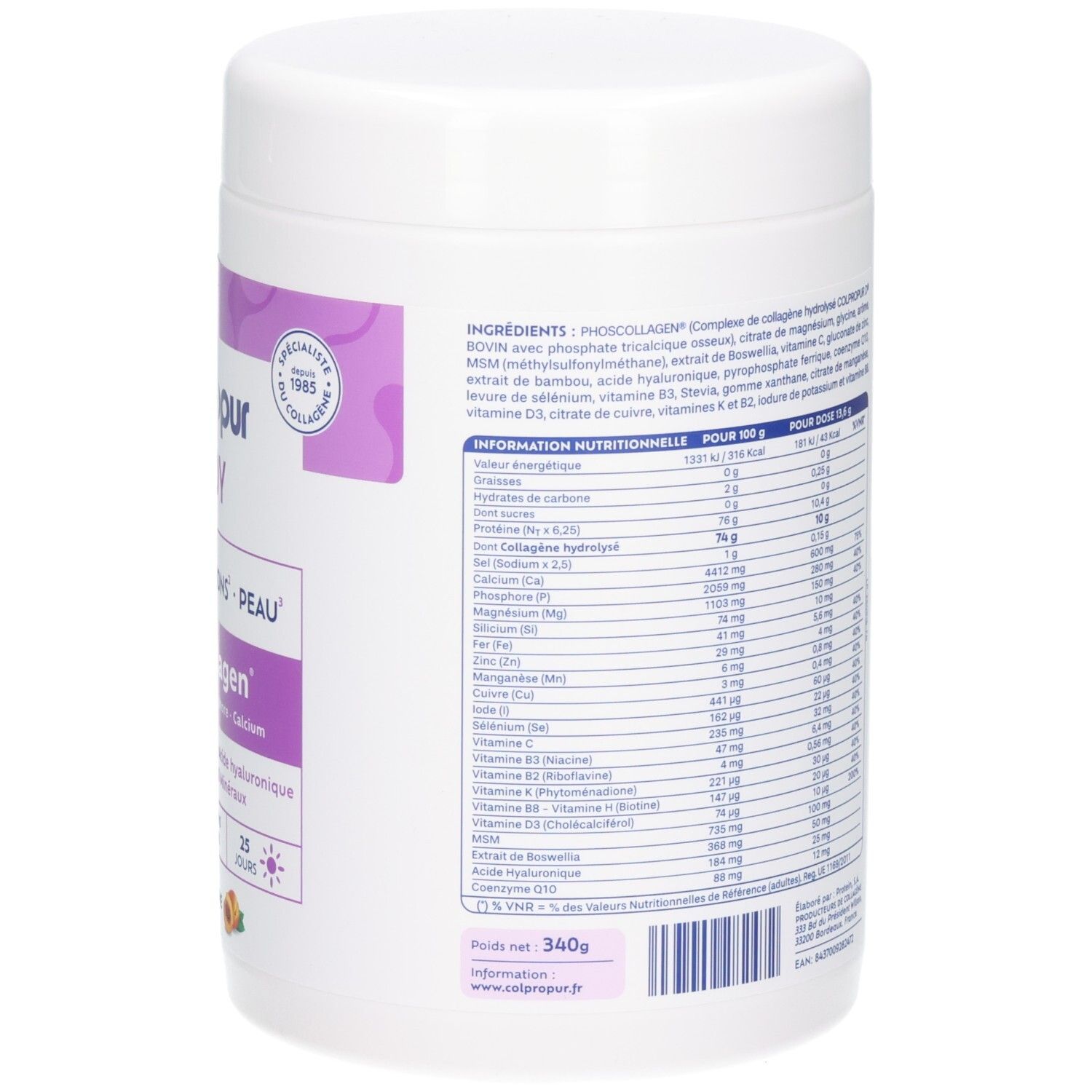 Arrière de la boîte Colpropur Lady Phoscollagen avec informations nutritionnelles et ingrédients.