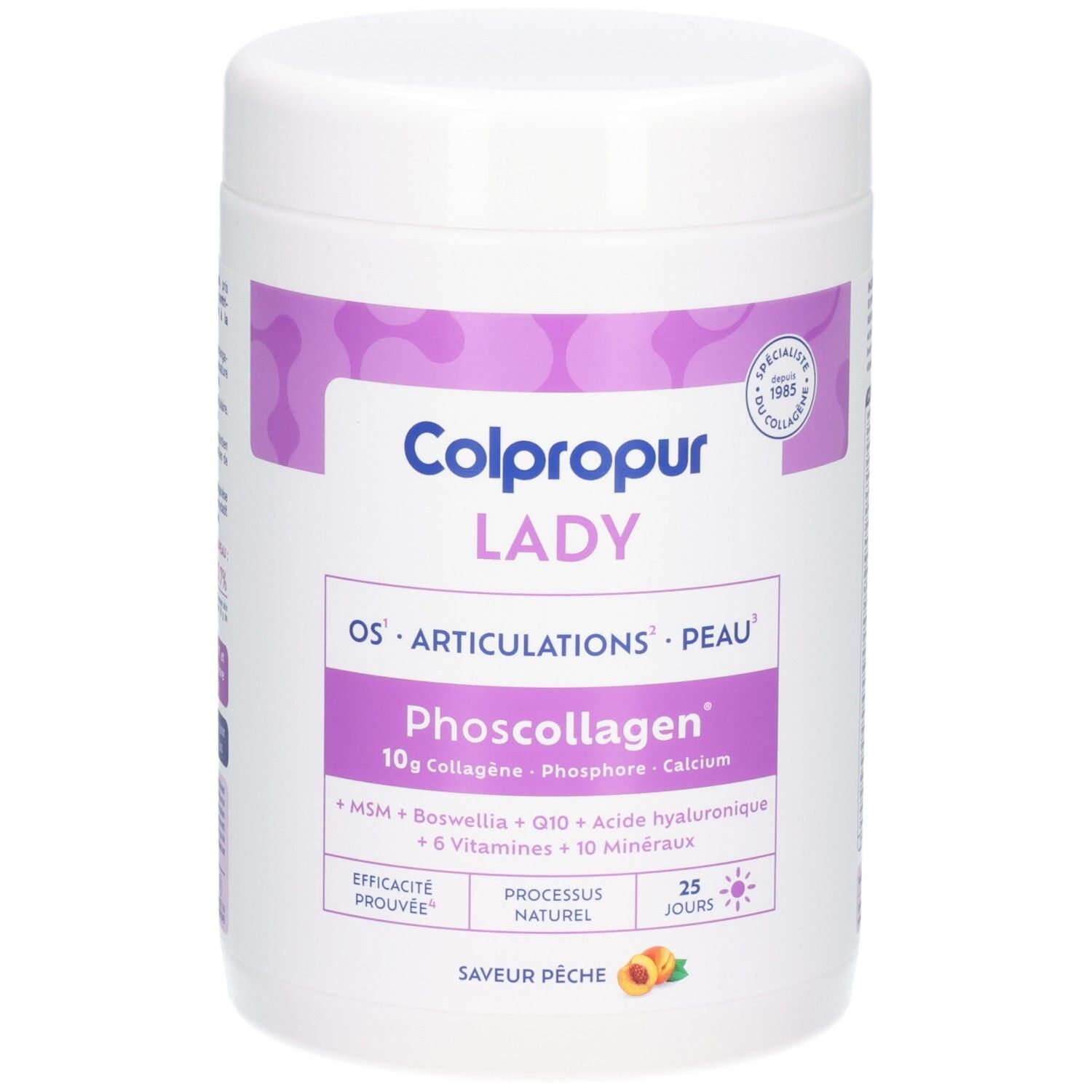 Boîte Colpropur Lady Phoscollagen saveur pêche. Contient collagène, phosphore et calcium.