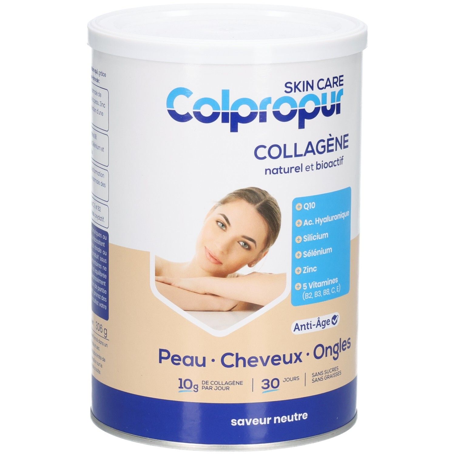 Poudre de collagène Colpropur pour peau, cheveux, ongles. Contient Q10, acide hyaluronique, sélénium, zinc, vitamines.