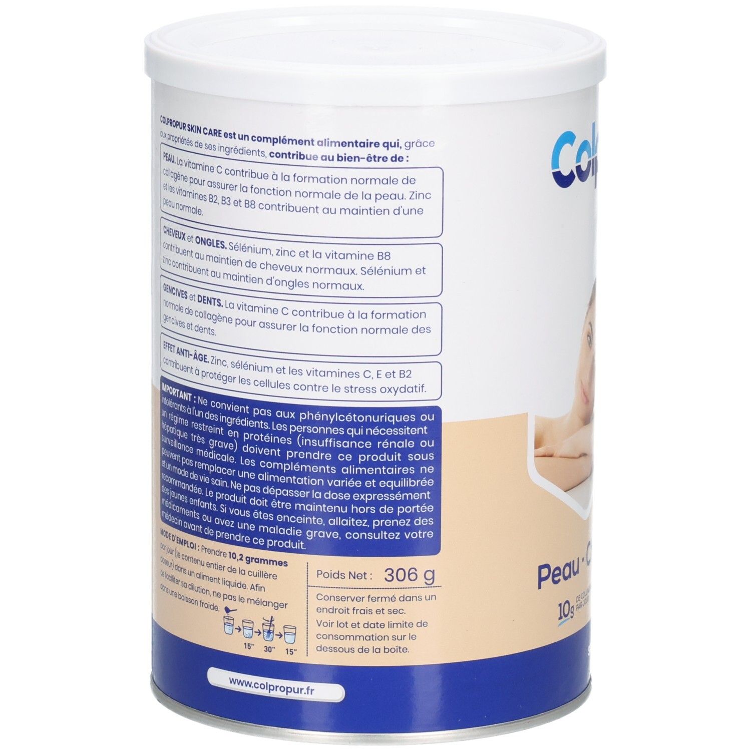 Arrière de la boîte de collagène Colpropur avec instructions d'utilisation et informations nutritionnelles.