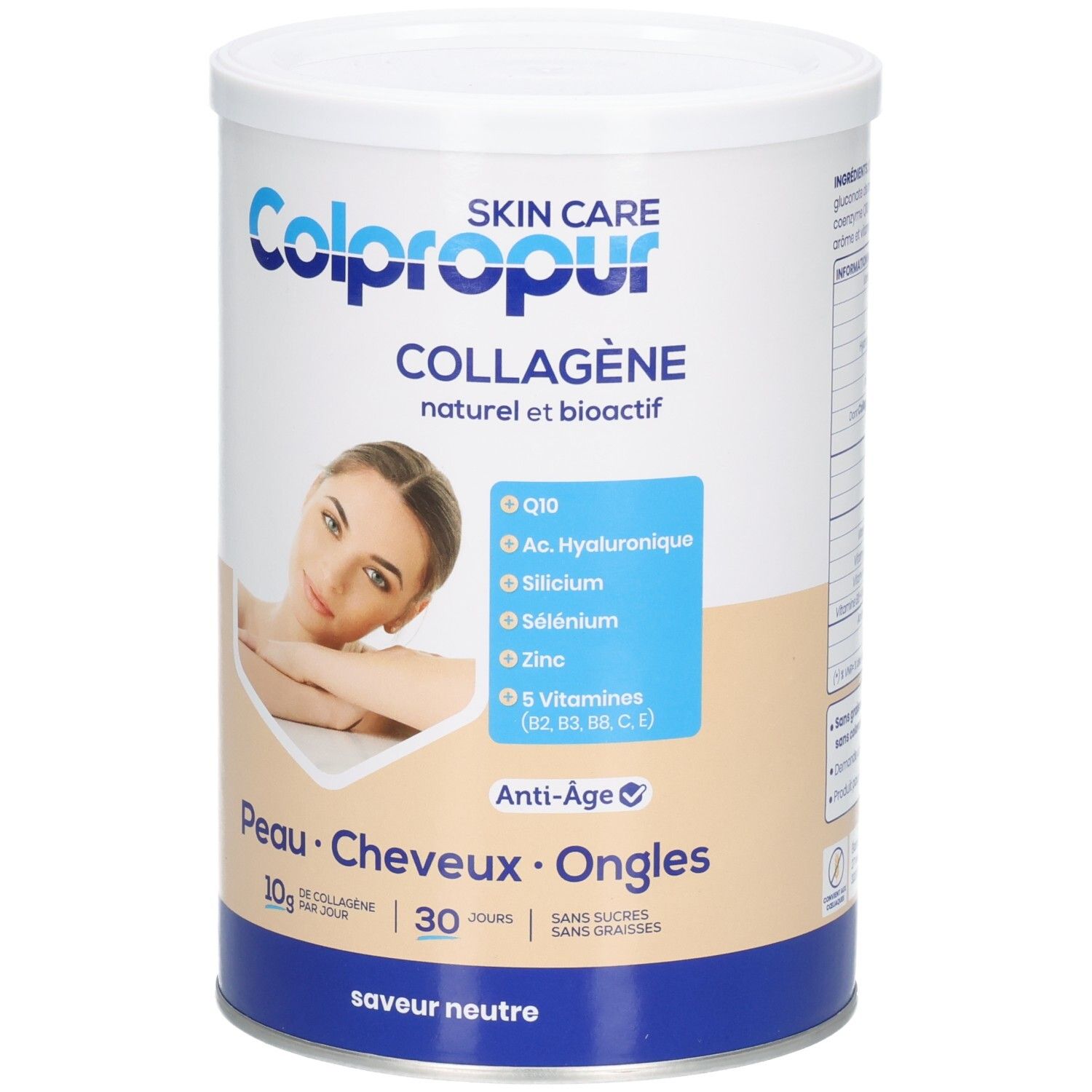 Poudre de collagène Colpropur pour peau, cheveux, ongles. Contient Q10, acide hyaluronique, sélénium, zinc, vitamines.