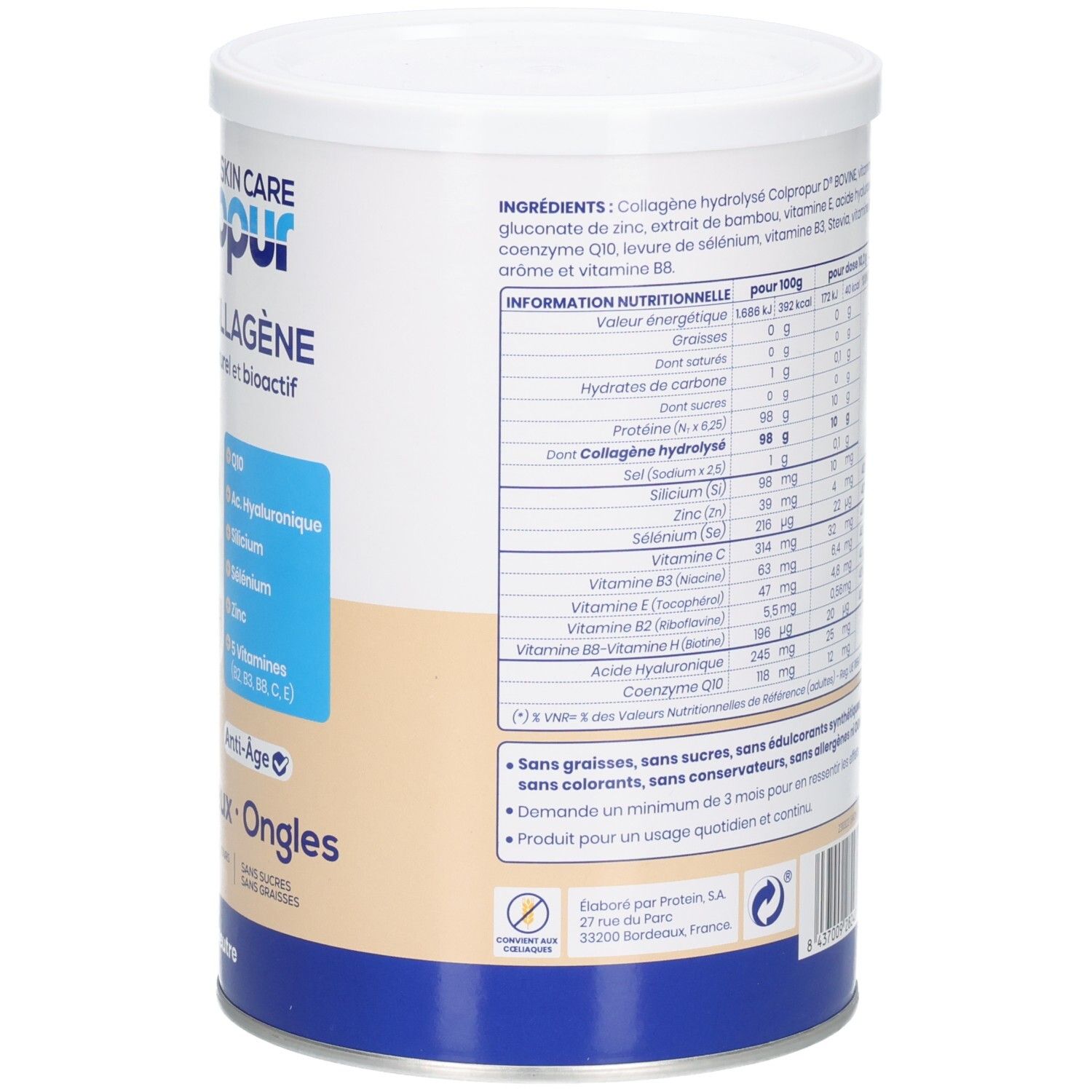 Avant de la boîte de collagène Colpropur avec liste des ingrédients et informations nutritionnelles.