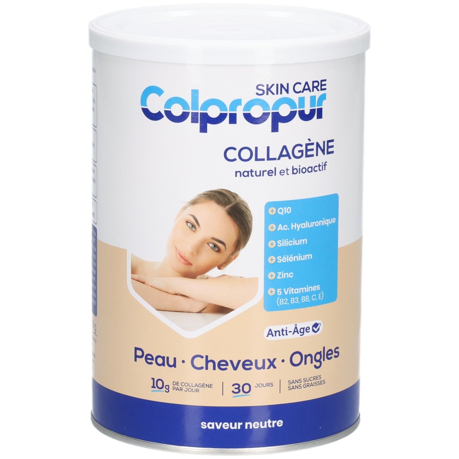 Poudre de collagène Colpropur pour peau, cheveux, ongles. Contient Q10, acide hyaluronique, sélénium, zinc, vitamines.
