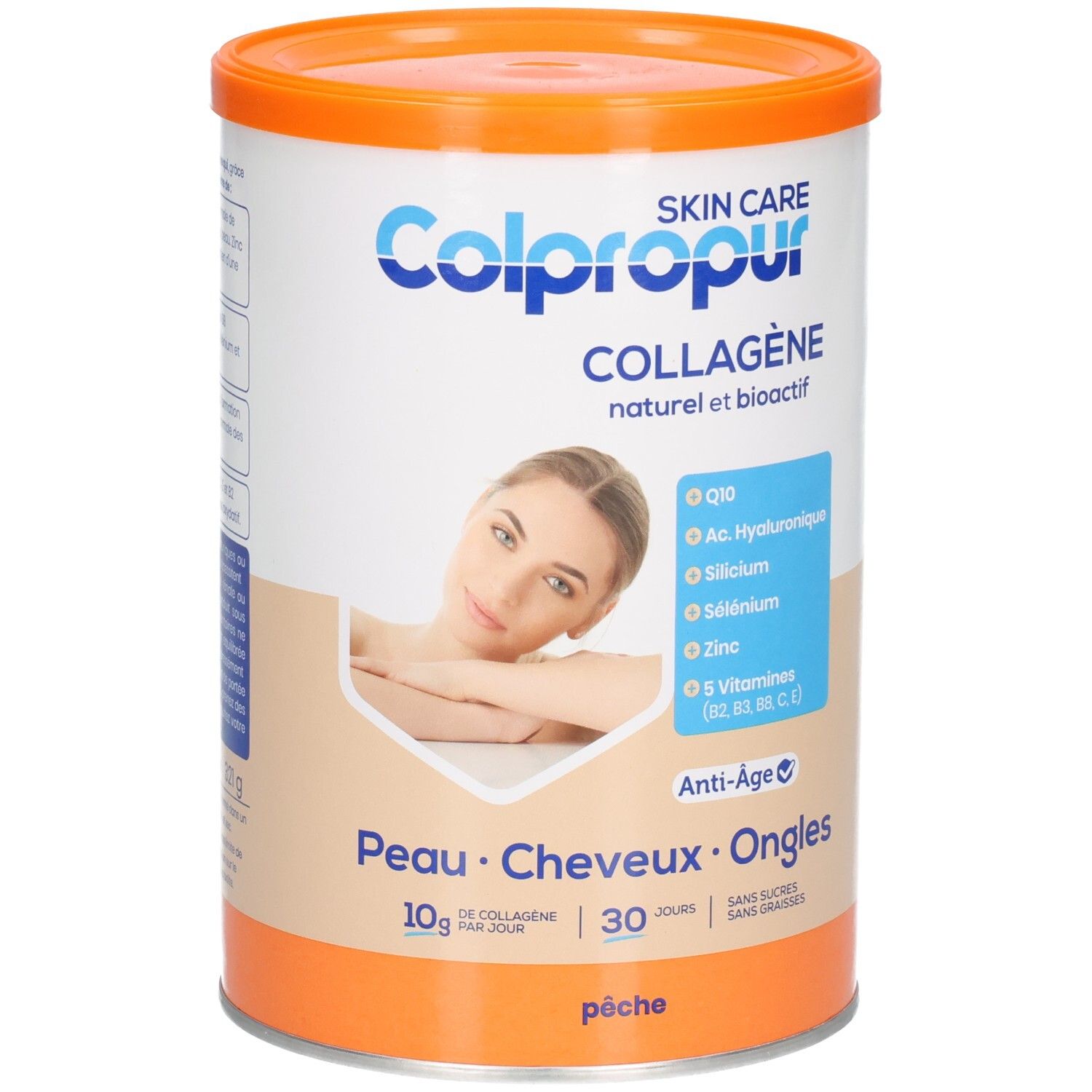 Poudre Colpropur Skin Care Collagène en boîte, saveur pêche.
