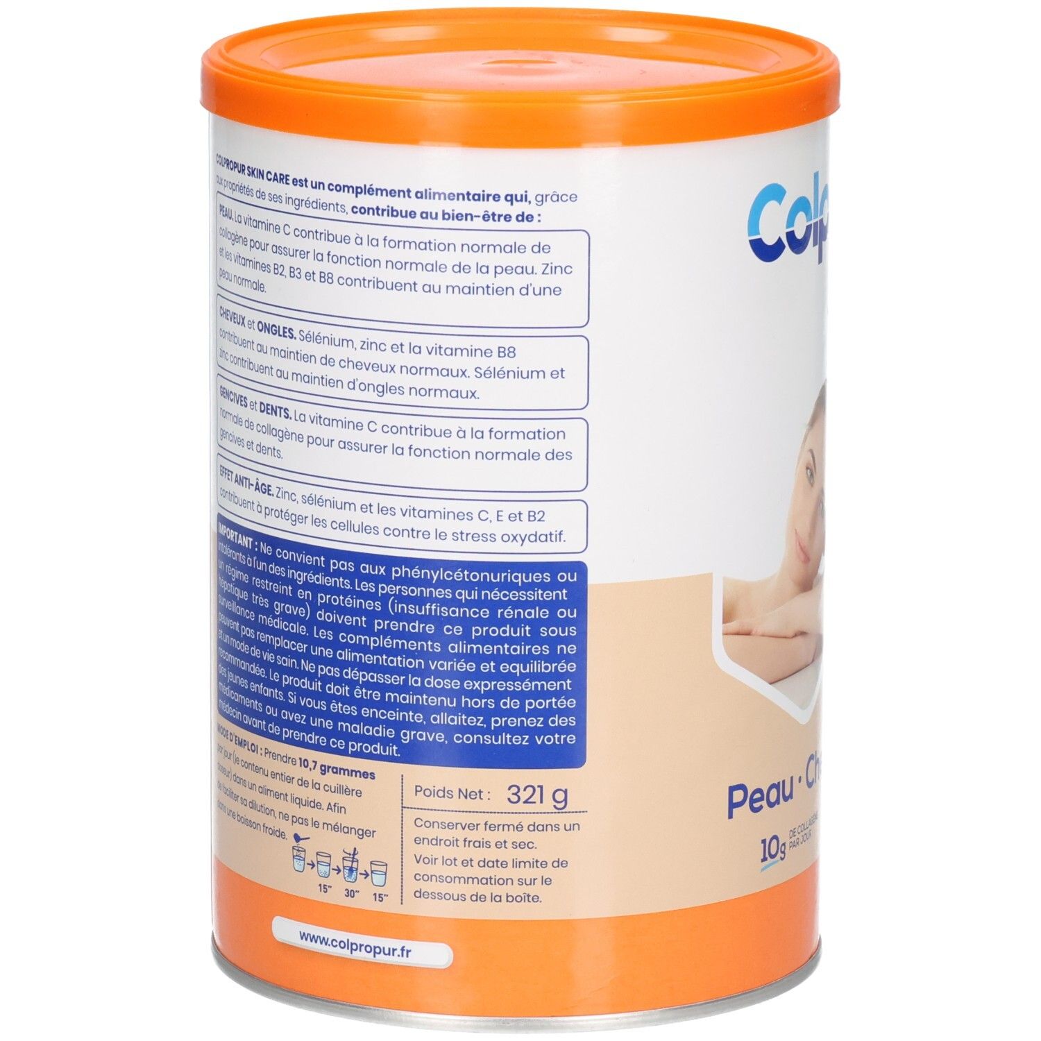 Arrière de la boîte Colpropur Skin Care Poudre Collagène avec informations produit.
