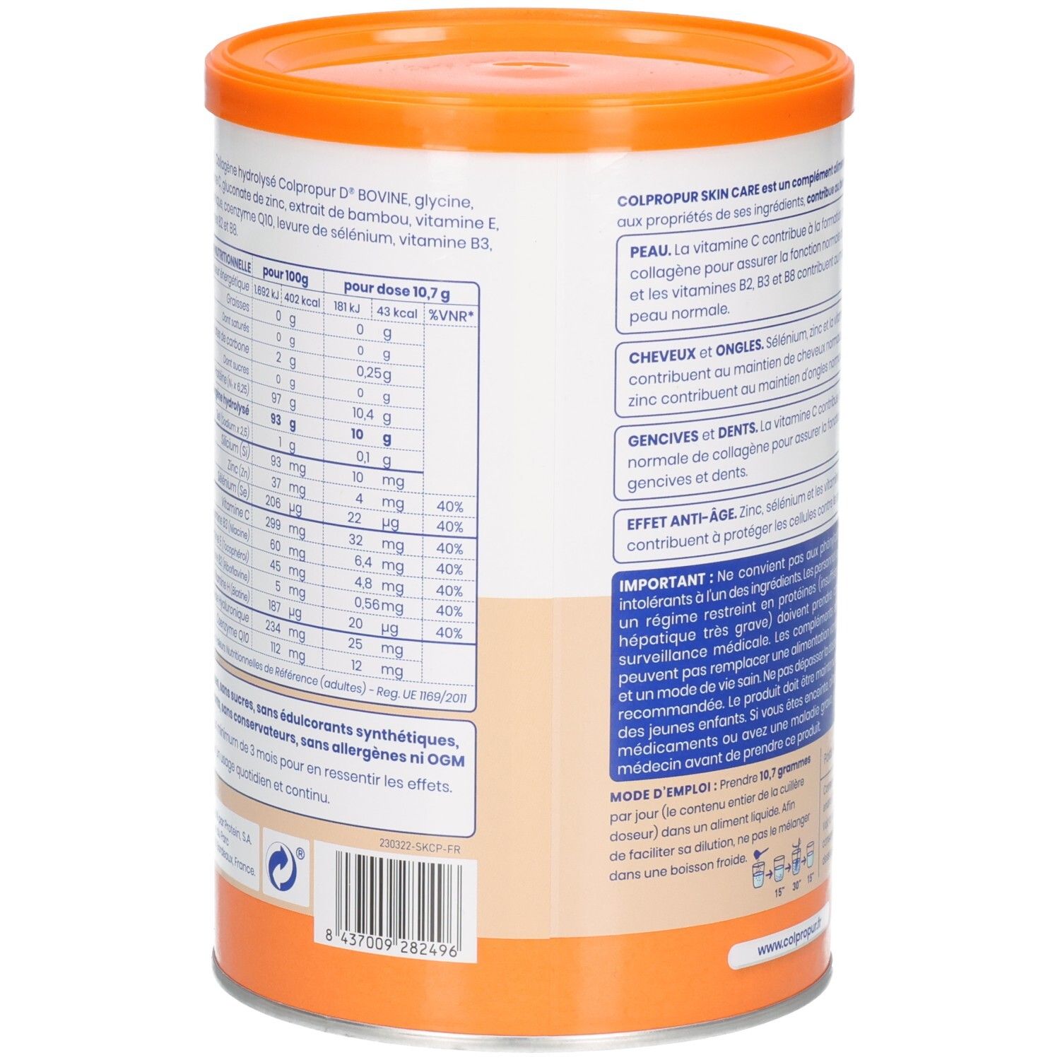 Côté de la boîte Colpropur Skin Care Poudre Collagène avec tableau nutritionnel.