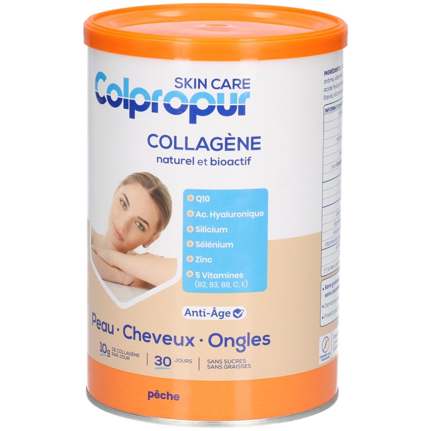 Poudre Colpropur Skin Care Collagène en boîte, saveur pêche, vue de face.