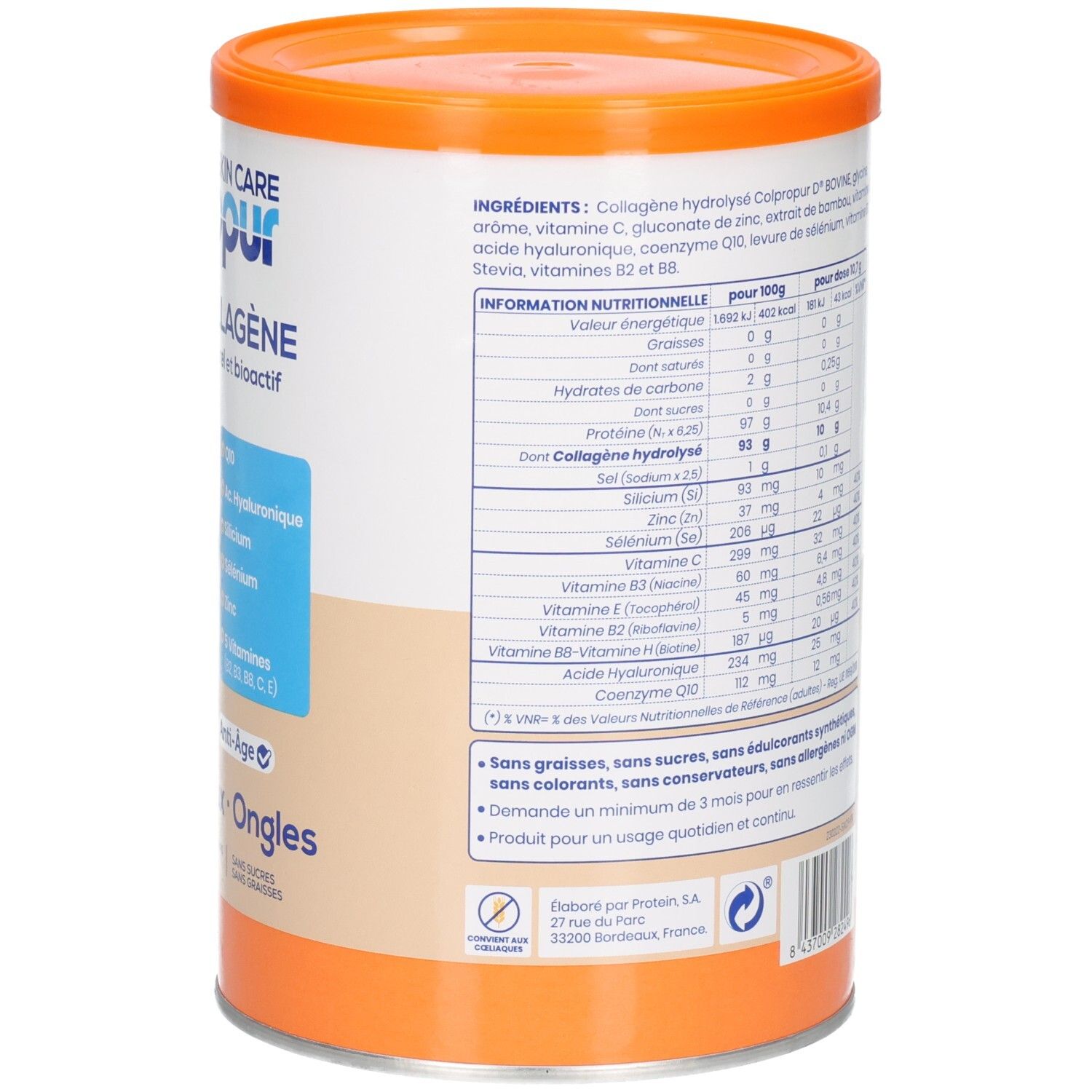 Côté de la boîte Colpropur Skin Care Poudre Collagène avec liste des ingrédients.