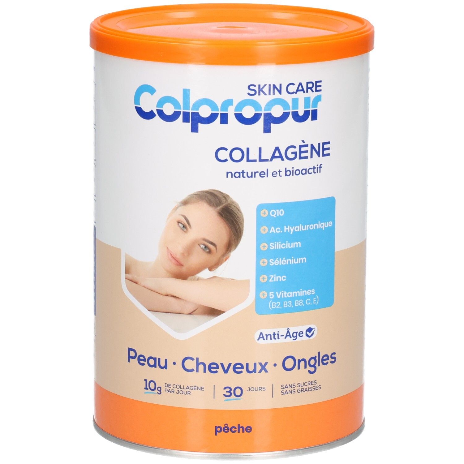 Face avant de la boîte Colpropur Skin Care Poudre Collagène, saveur pêche.