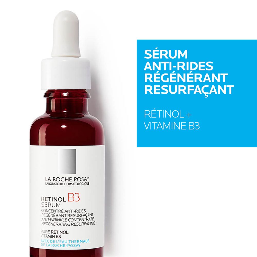 Flacon de sérum rouge avec pipette. Texte: LA ROCHE-POSAY. Texte sur fond bleu: Sérum, anti-rides, Rétinol + Vitamine B3.