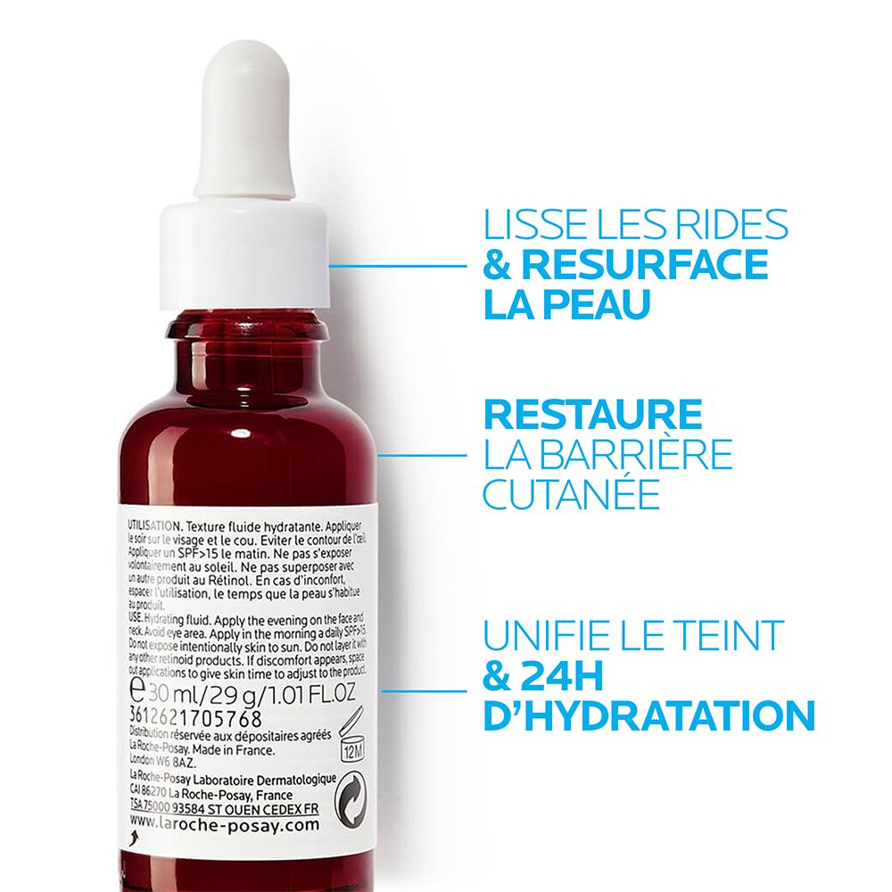 Flacon de sérum rouge avec pipette. Texte: LA ROCHE-POSAY. Texte: Lisse les rides, restaure la barrière cutanée, hydrate.