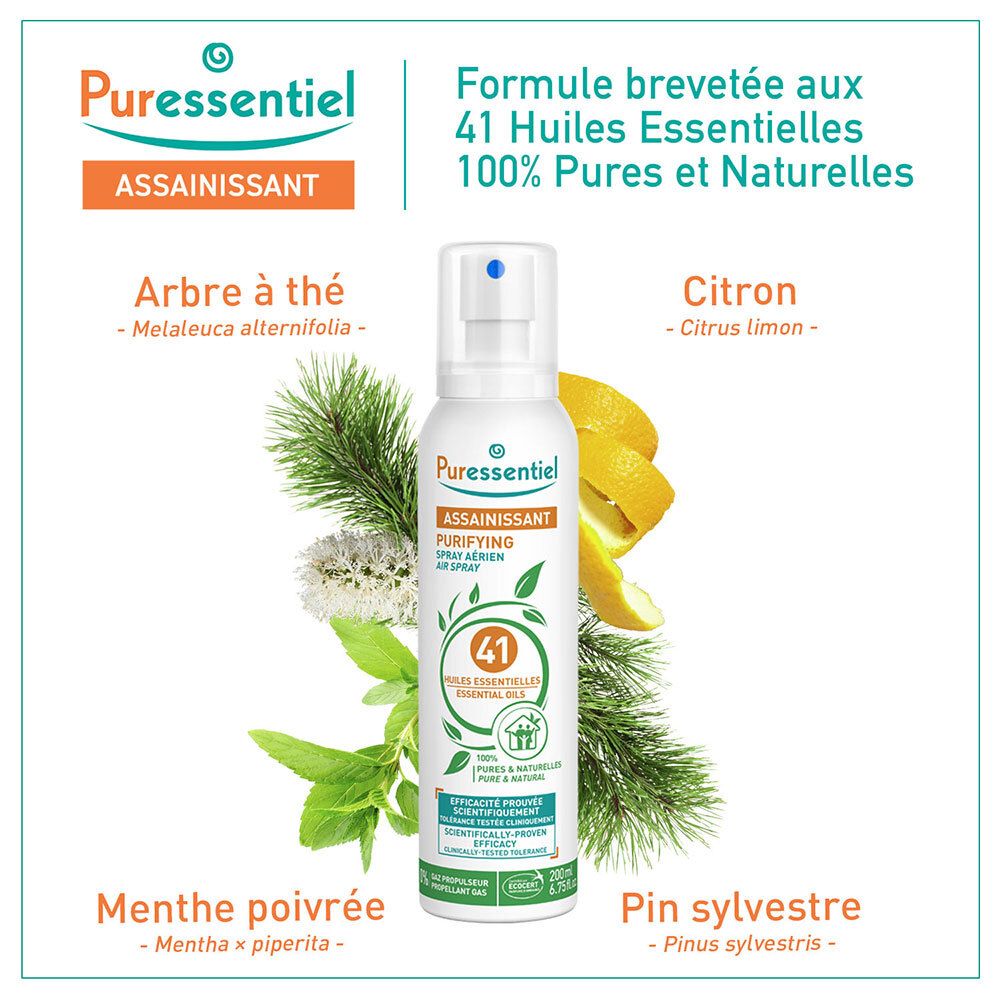 Flacon spray blanc avec étiquette orange et verte. Représentation : Arbre à thé, citron, menthe poivrée, pin sylvestre. Texte : 41 Huiles Essentielles.