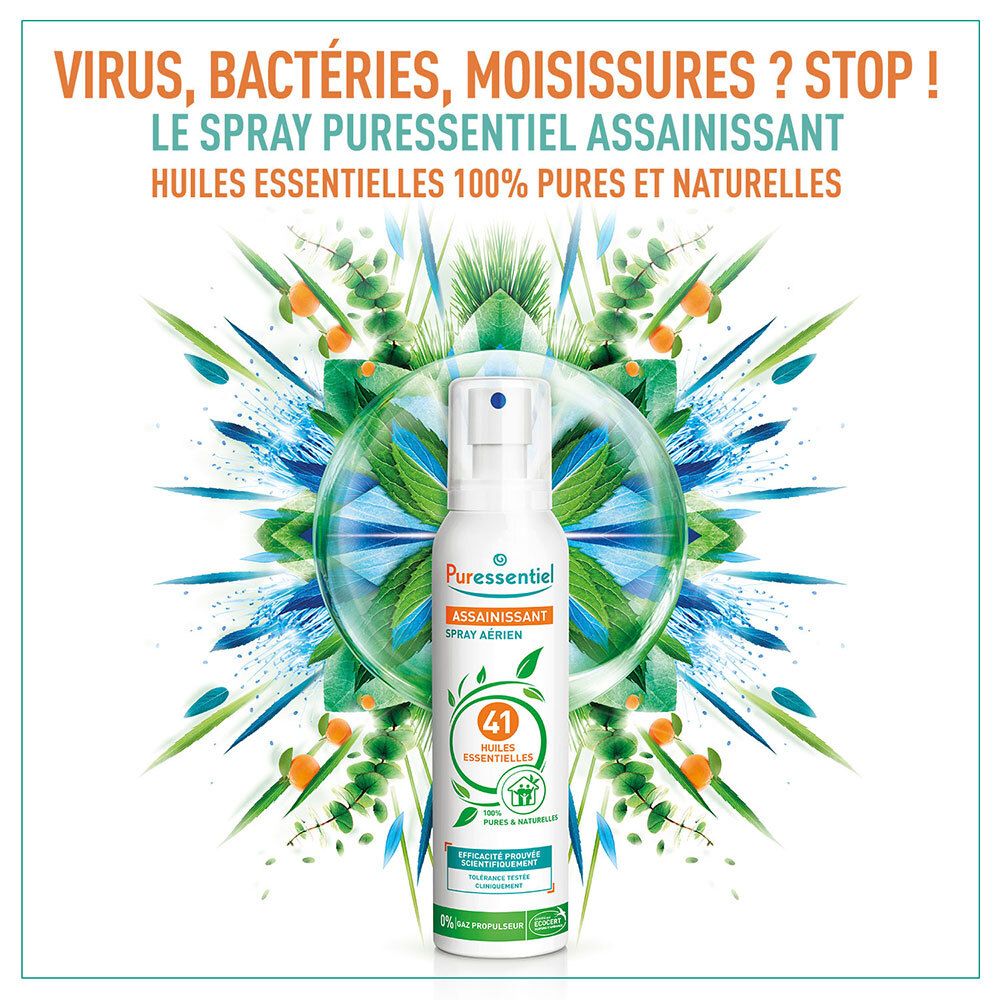 Flacon spray blanc avec étiquette orange et verte, entouré de feuilles vertes. Texte : 41 Huiles Essentielles, 100% Pures et Naturelles.