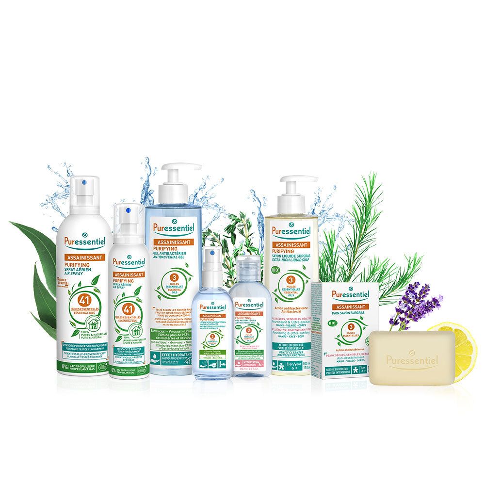 Différents produits de la marque. Flacons spray blancs, flacons, savon. Étiquettes avec texte : ASSAINISSANT, 41 Huiles Essentielles, 3 Huiles Essentielles.