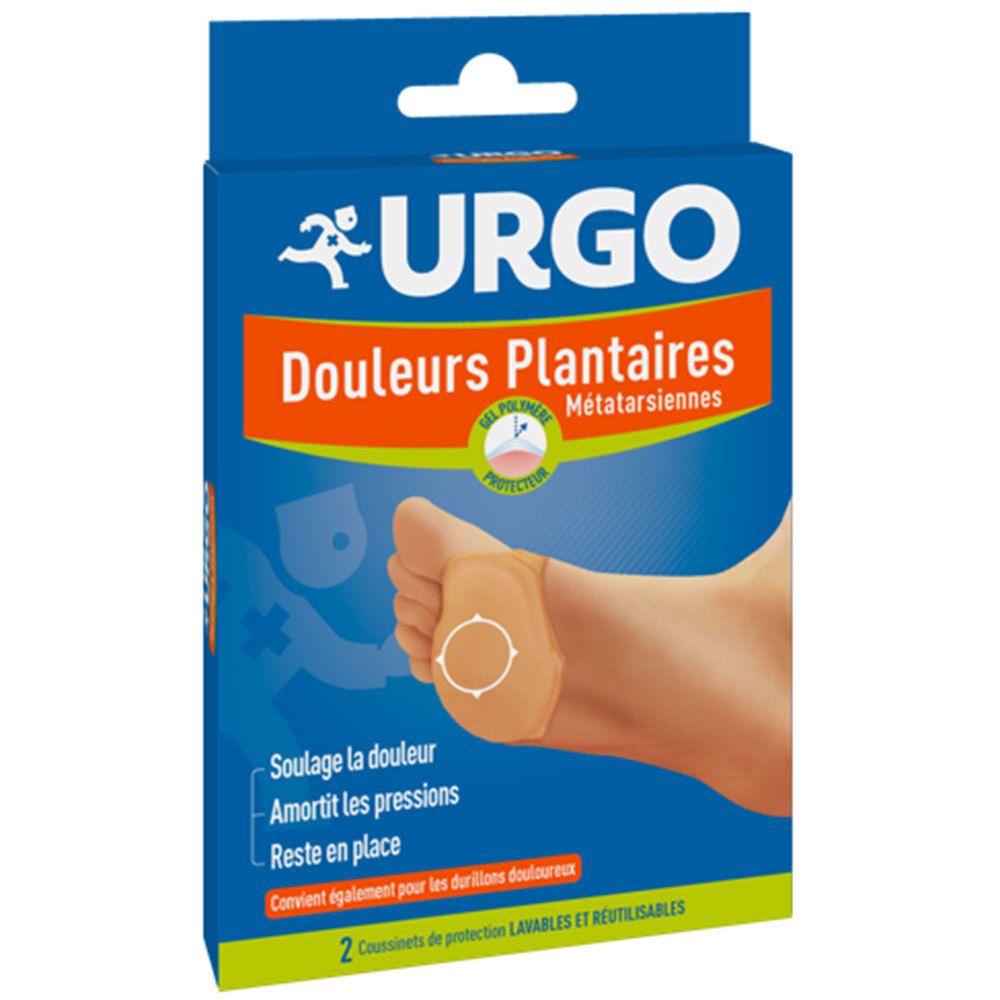 Boîte bleue et blanche URGO Douleurs Plantaires. Pied avec application de pansement. Texte: Douleurs Plantaires, Metatarsiennes.